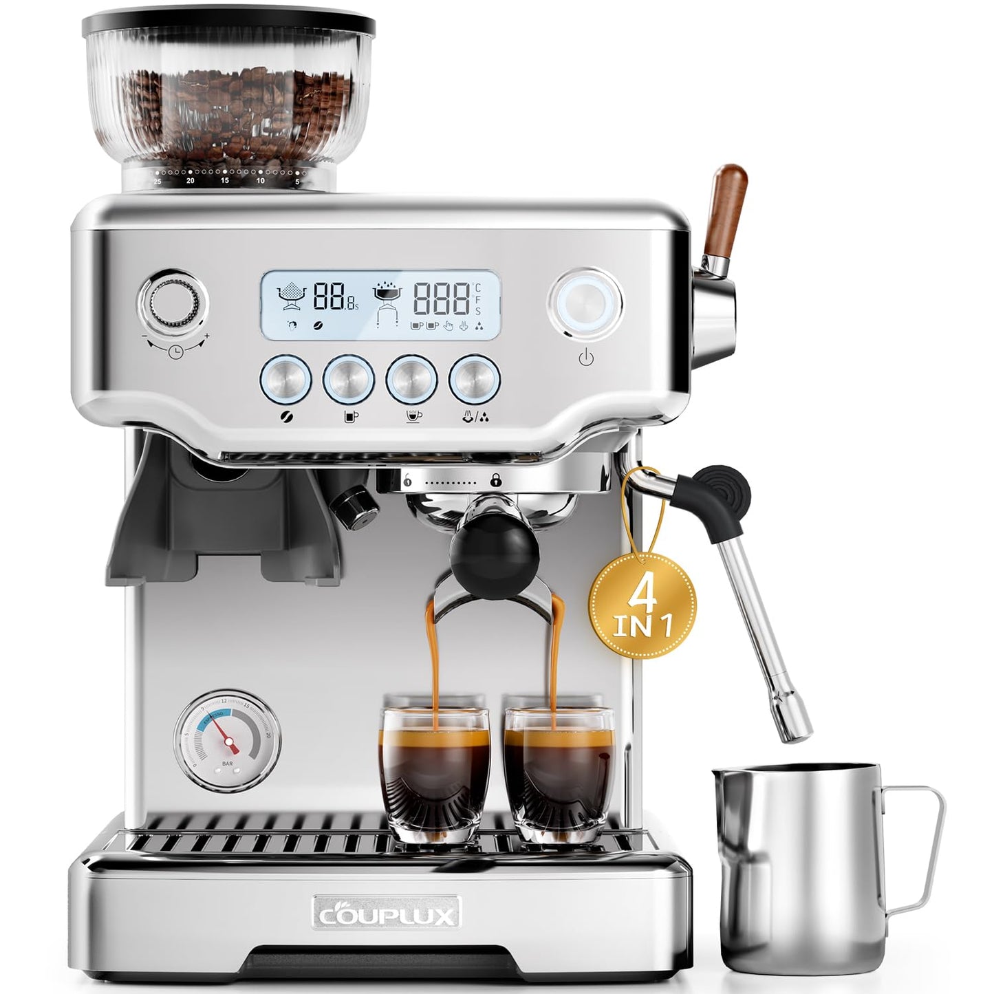 COUPLUX Espresso Machine with Grinder, 5-Temperature (190~205℉) Professional Espresso Machine 58MM with Powerful Milk Frother 15 Bar Expresso Coffee Machines for Espresso Americano Cappuccino & Latte