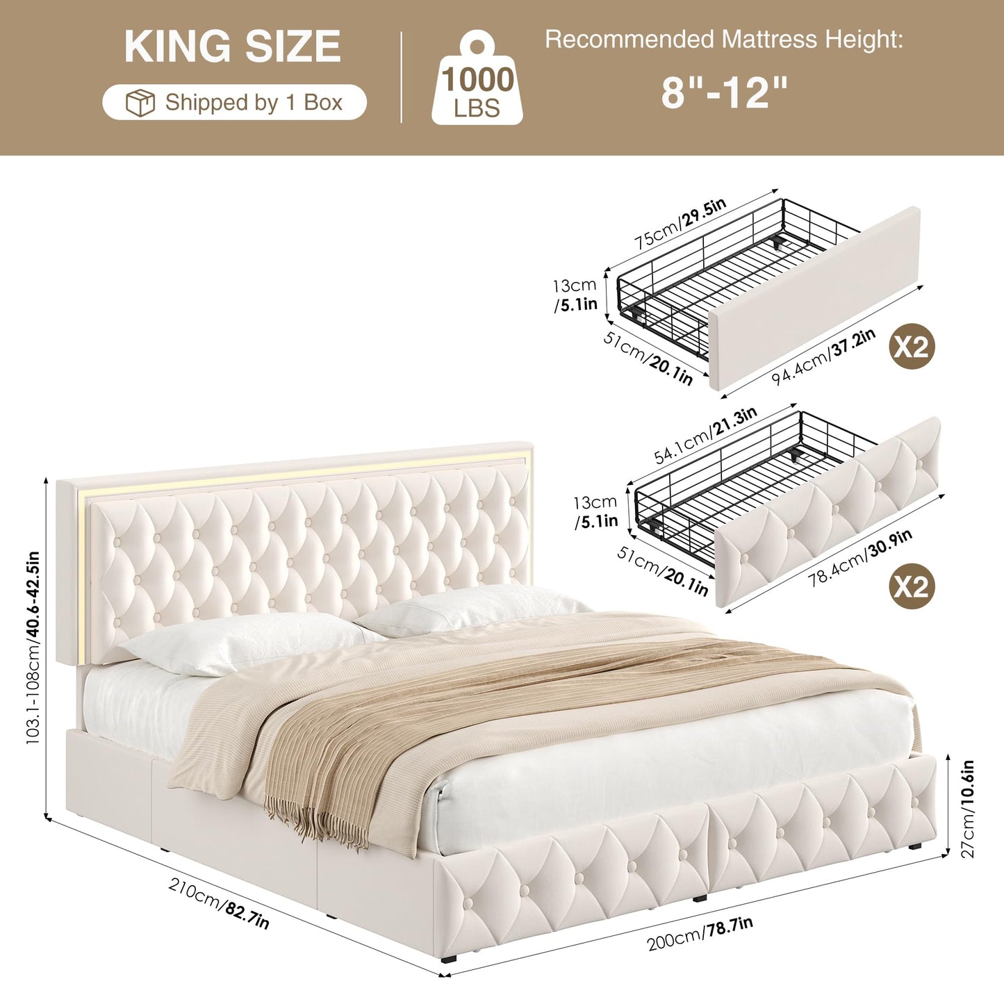 Keyluv King Size LED Bed Frame with 4 Storage Drawers and Adjustable Headboard, Velvet Upholstered Button Tufted Modern Platform Bed, Solid Wooden Slats Support, Easy Assembly, Beige