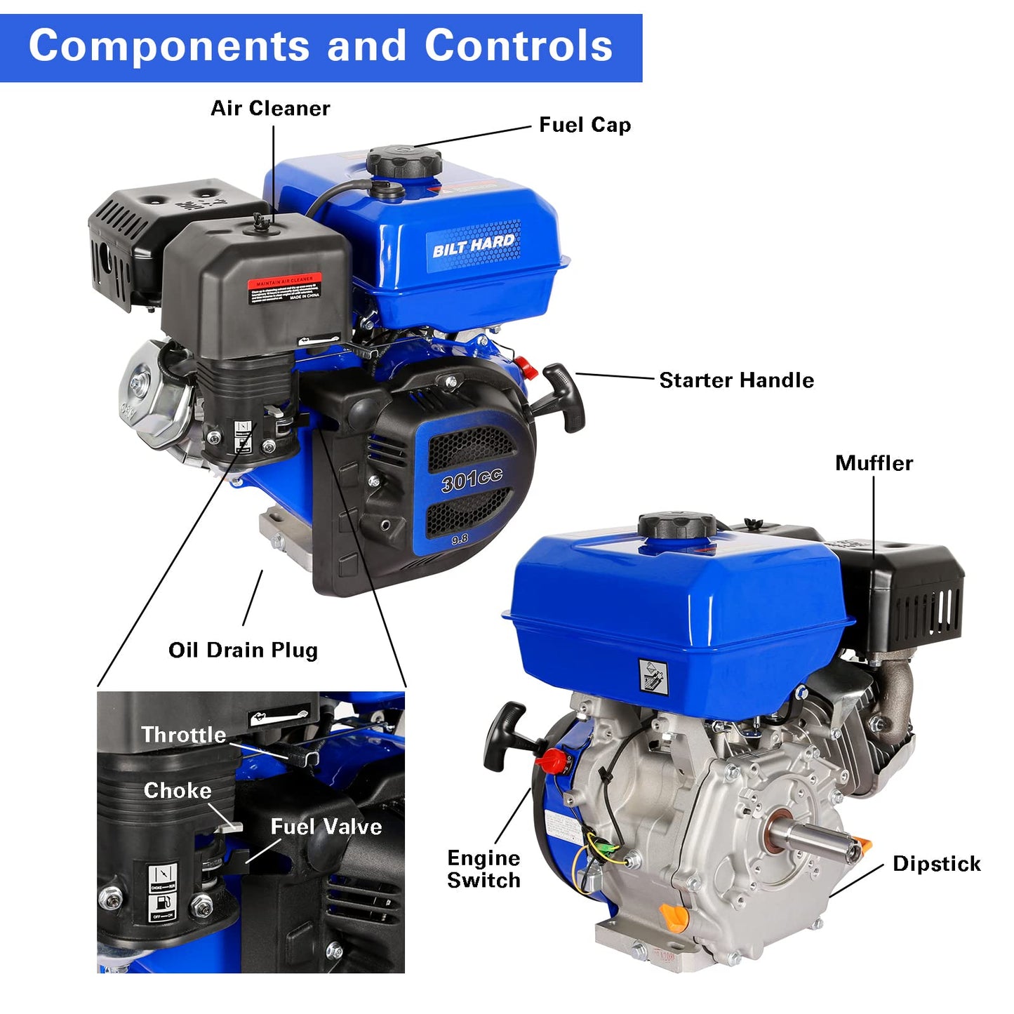 BILT HARD 301cc 10HP Gas Powered Engine, Horizontal 4 Stroke OHV Gas Motor, Shaft 1" Diameter, 3.48" Length, 1/4" Keyway, Replacement for Compressor, Log Splitter