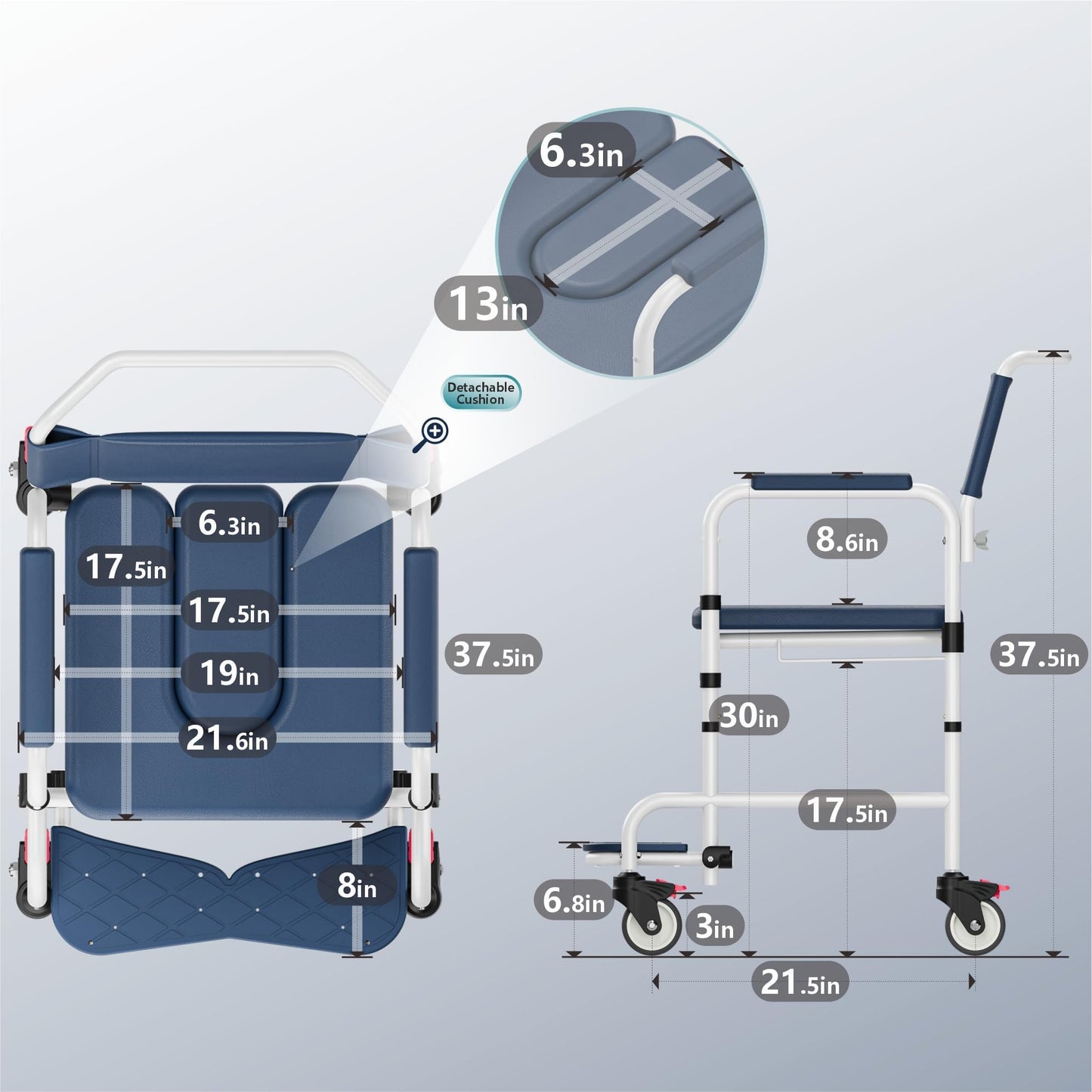 Shower Chair with Wheels, Two Modes Commode Chair for Elderly and Disabled