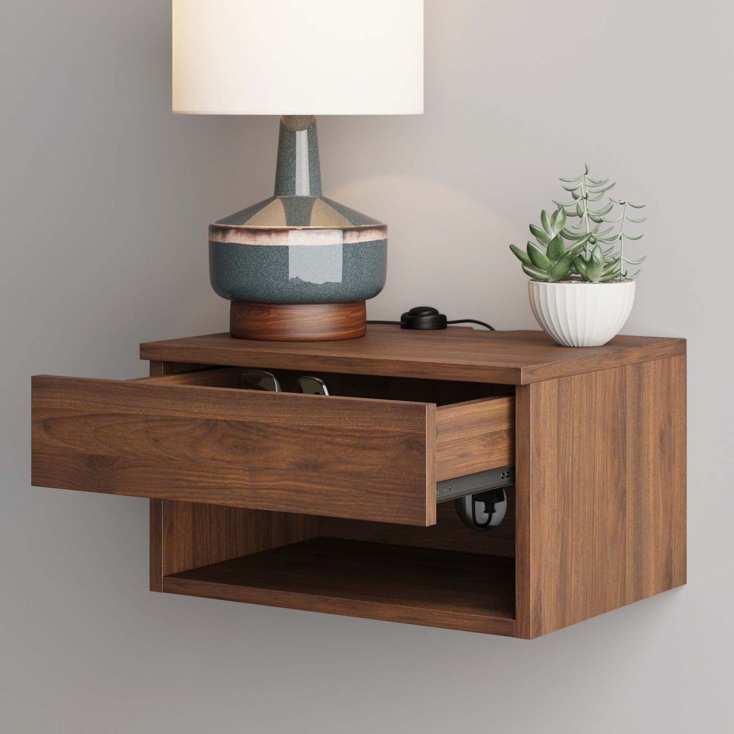 Nathan James Jackson Wall Mounted Floating Bedroom Nightstand with Storage Drawer and Modern Open Shelf Cubby Set of 2, Dark Brown Walnut