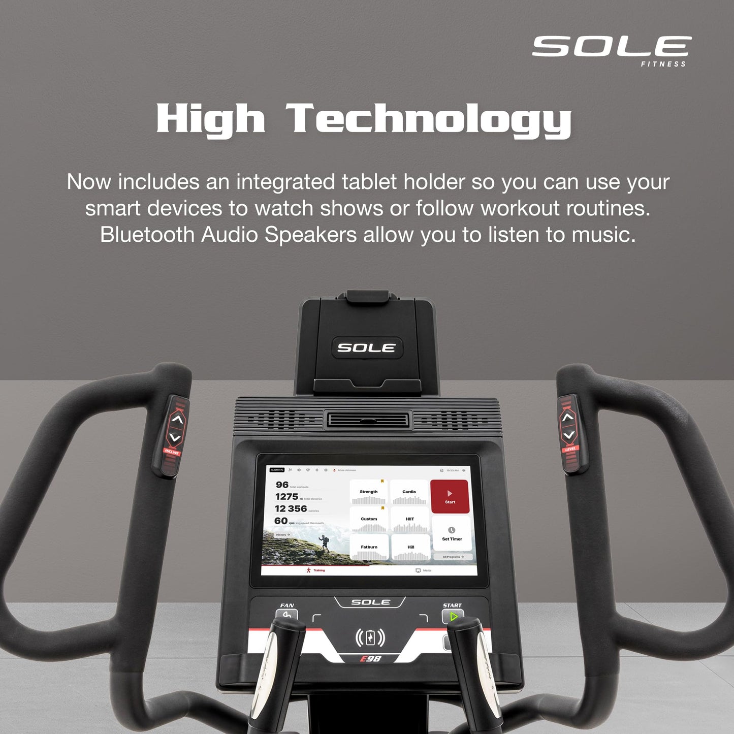 Elliptical Exercise Machine by Sole Fitness, Home Workout Equipment for Cardio, Running, and Walking, 13.3" Touch Screen, 20" Stride Length, Bluetooth, and Heart Rate Monitoring (Sole E98)