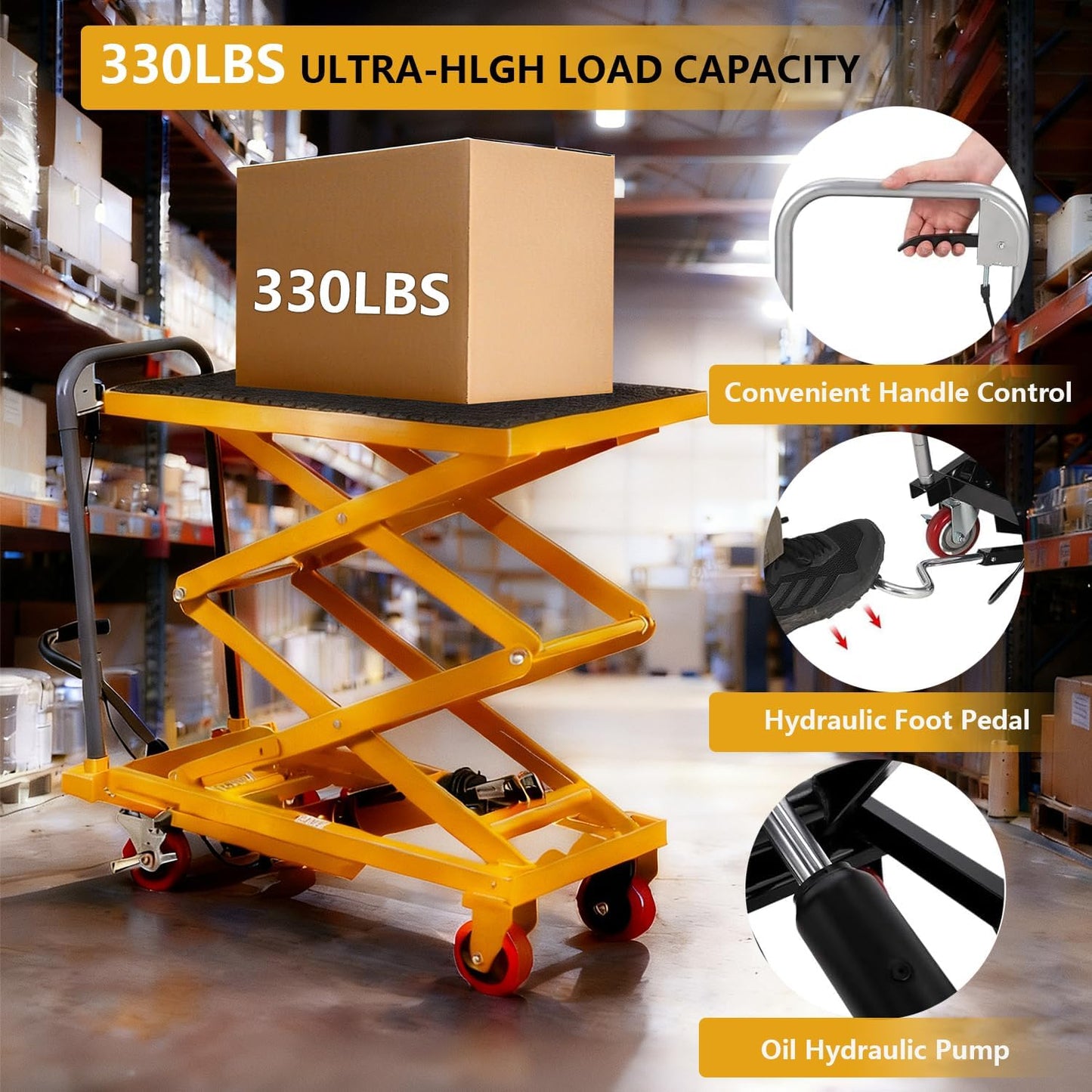 Hydraulic Lift Table Cart, 330lbs Capacity 50" Lifting Height, Double Scissor Lift Table with Non-Slip Pad for Material Handling & Transportation (Yellow, 330LBS-Double Scissor)