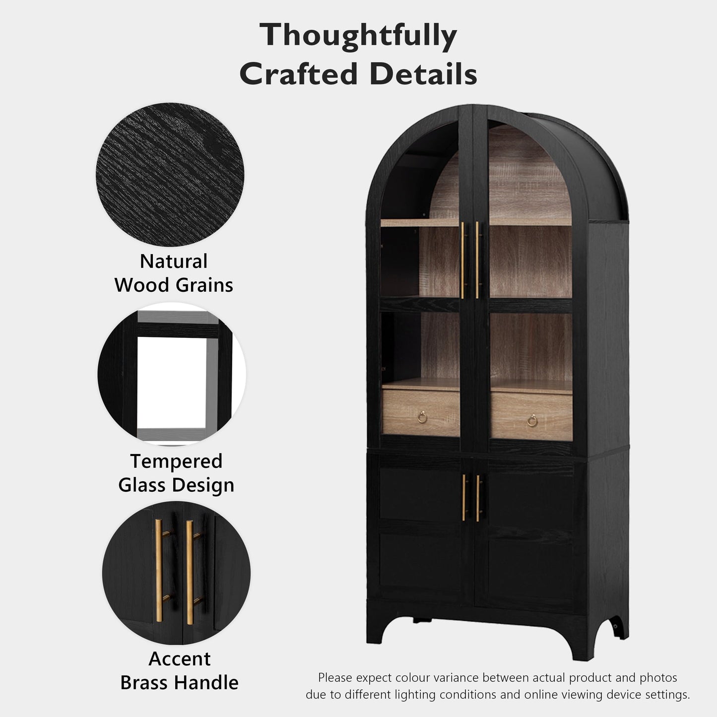 GDFStudio Mariah 71" Tall Arched Kitchen Pantry Cabinet with Hidden Drawer, Glass Door & Adjustable Shelves, Farmhouse Storage Cabinet Cupboard for Kitchen Dining Room, Home Pantry Storage, Black