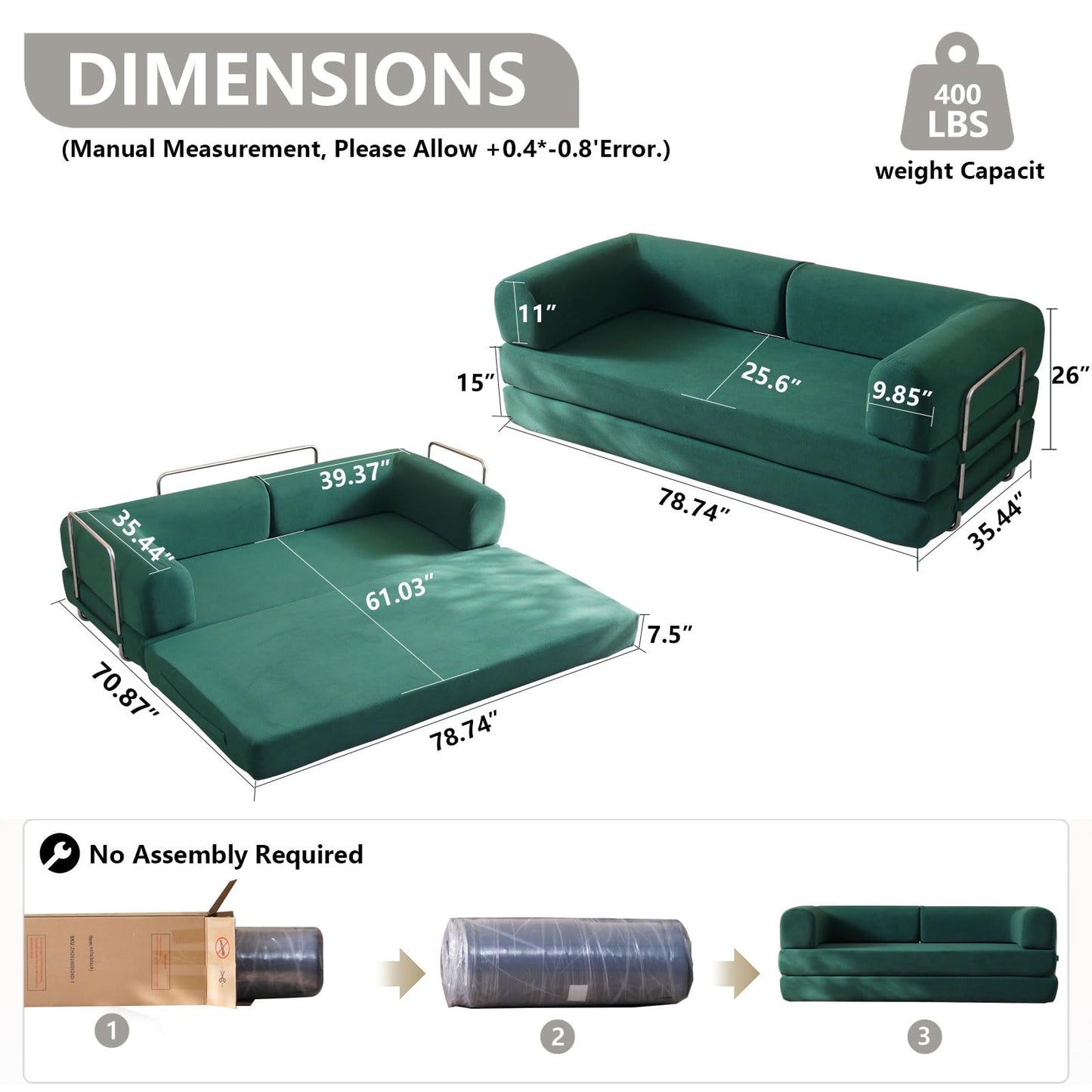 WHGBJA 79" Convertible Sleeper Sofa Bed with Cylindrical Pillow, Corduroy Folding Mattress Couch with Fixed-Shape Frame, Floor Sofa Lounge Couch for Living Room Bedroom Lounge Studio (Green)