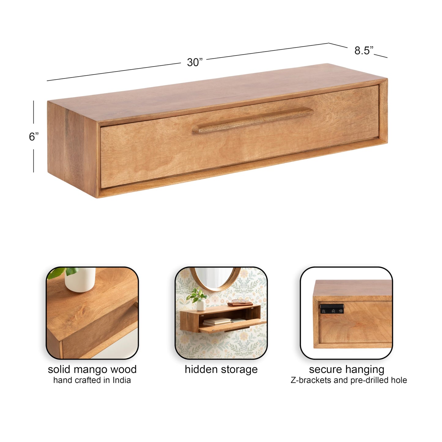 Kate and Laurel McCutcheon Modern Floating Console Table for Entryway, 30 x 9 x 6, Natural Wood, Decorative Transitional Floating Entryway Table for Use as Living Room Storage Wall Shelf