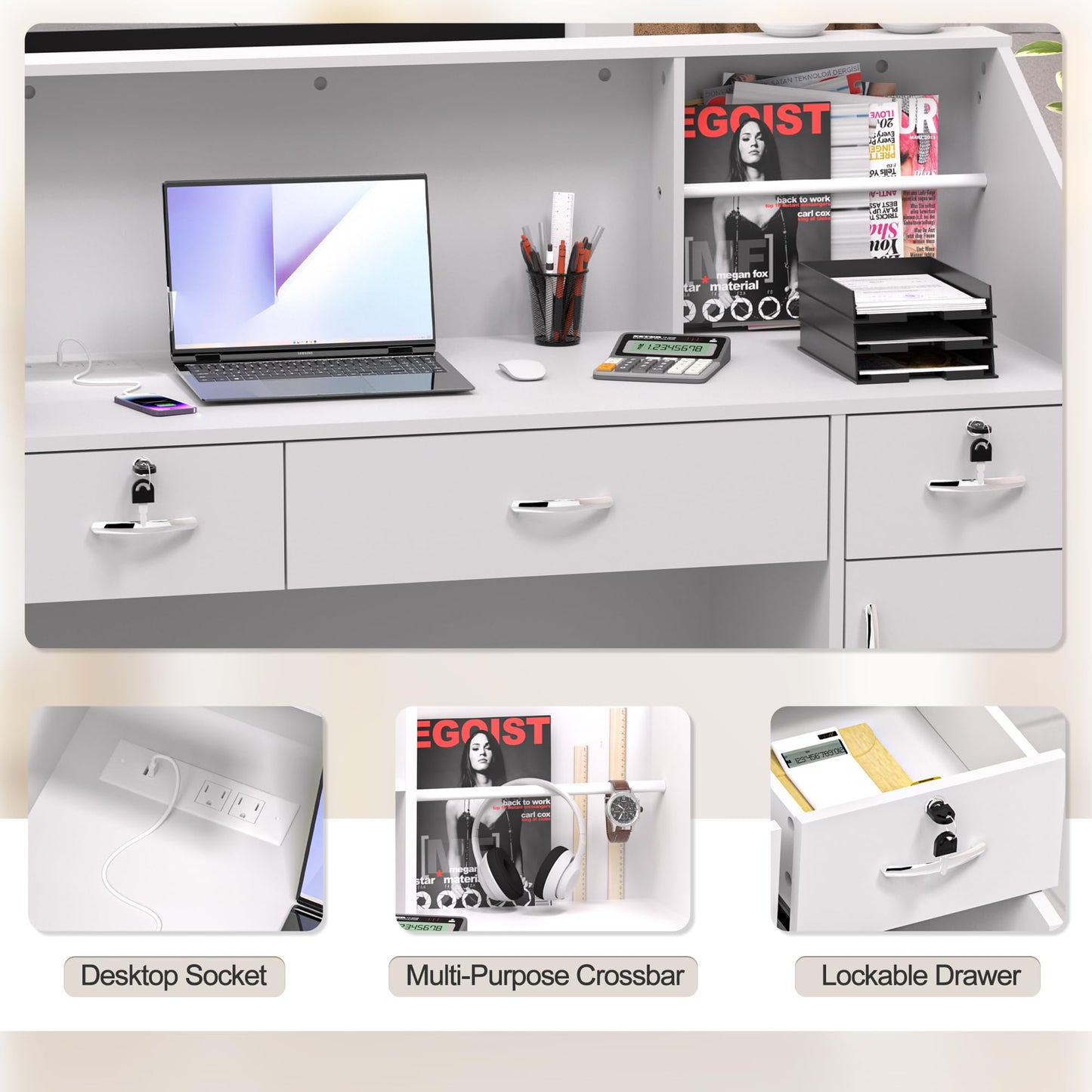 AHB Reception Desk, Modern Front Desk with Counter, 50 Inch Retail Counter with Lockable Drawers for Office,Beauty Salon,Lobby,Checkout,Clinic, Retail,Reception Room