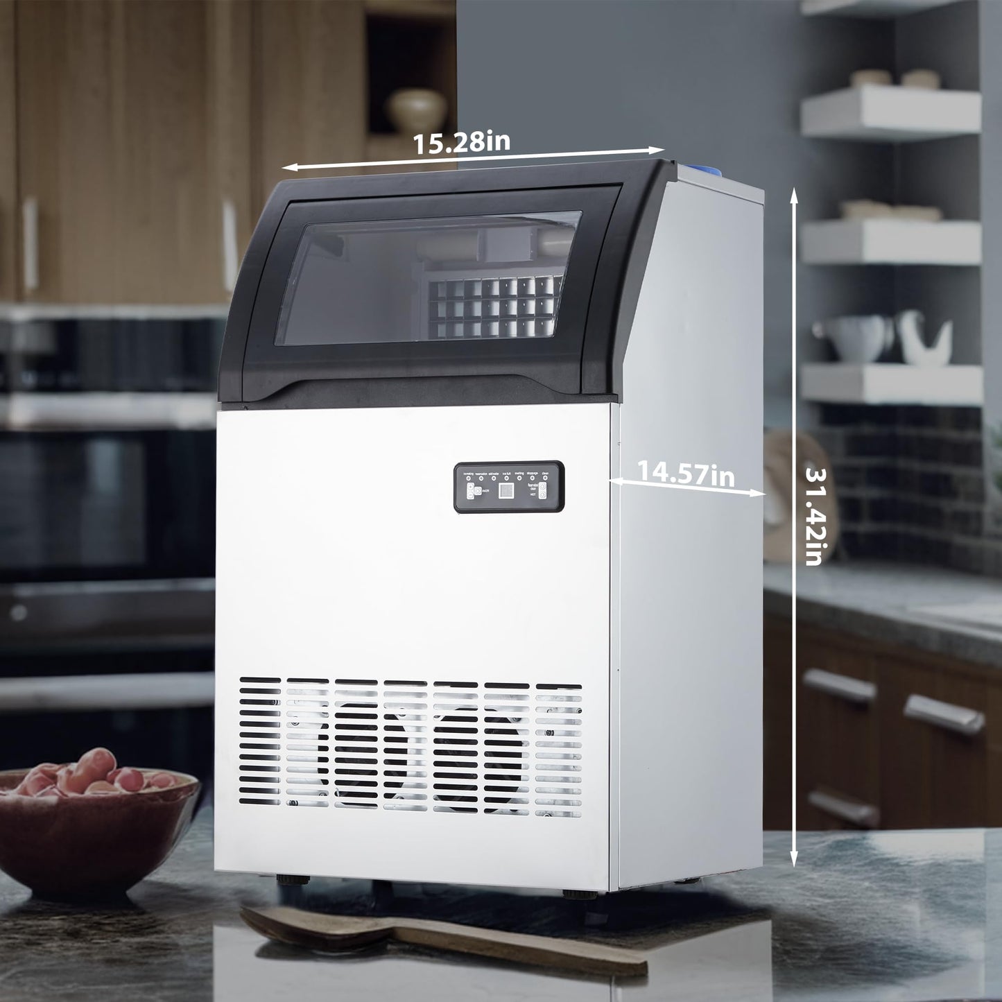 Under Counter Commercial Ice Maker Machine, 100Lbs/24H, Stainless Steel Ice Machines with 33Lbs Storage Bin, Dual Water Supply, Adjustable Thickness, Self-Cleaning, Perfect for Restaurant, Coffee Bar