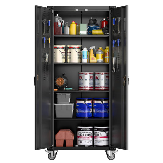 IDEALHOUSE 72 in Rolling Steel Cabinet, Lockable Garage Storage Cupboard with 2 Doors, 4 Adjustable Shelves and Pegboard Door Panels, Heavy-Duty Tool Organizer for Workshop, Home or Office