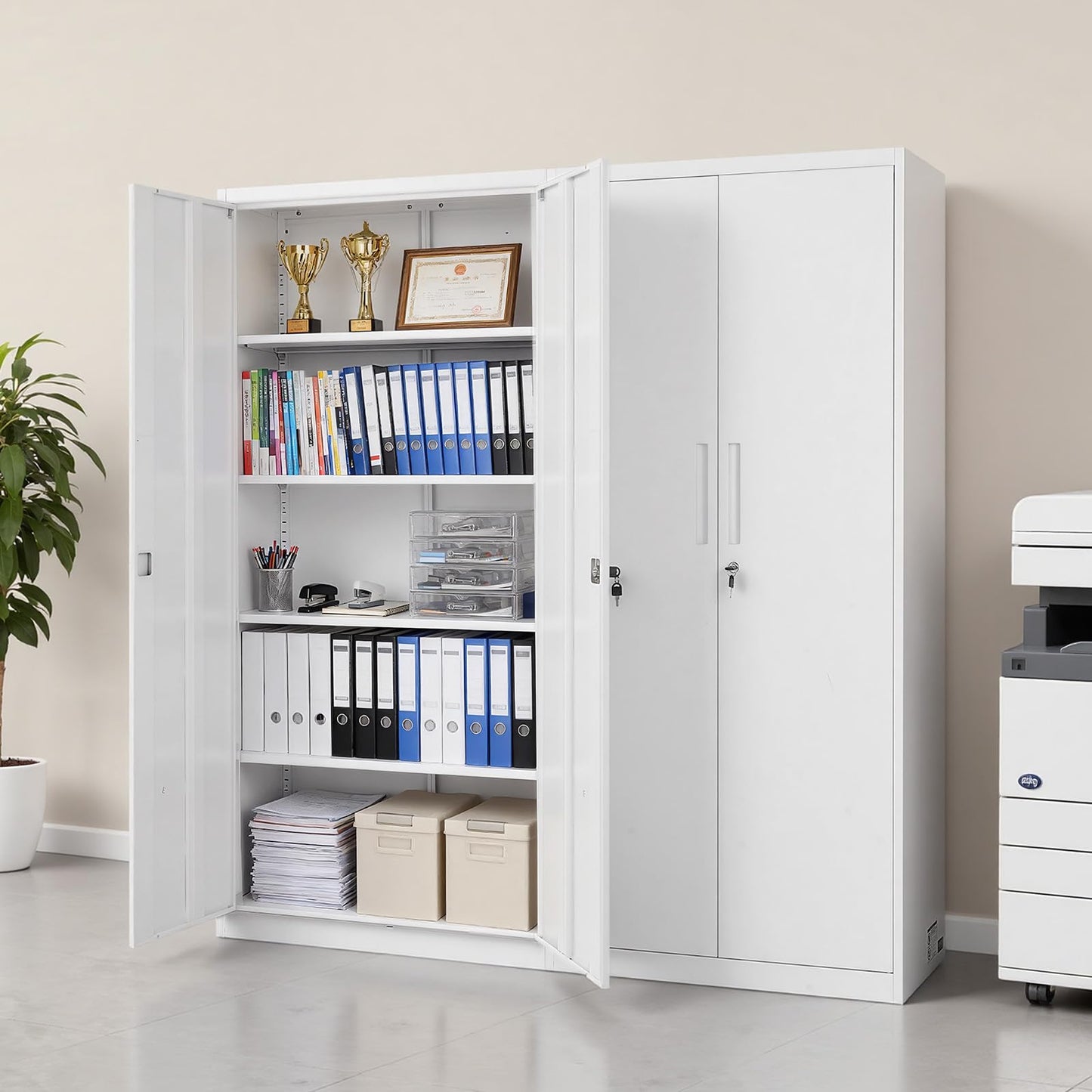 VEVOR Metal Storage Cabinet, Lockable Steel Garage Cabinet with Adjustable Shelves, 2 Magnetic Doors, 2 Keys, 5-Tiers Tool Storage Locker for Home, Office, School, Warehouse, Basement, Laundry, White