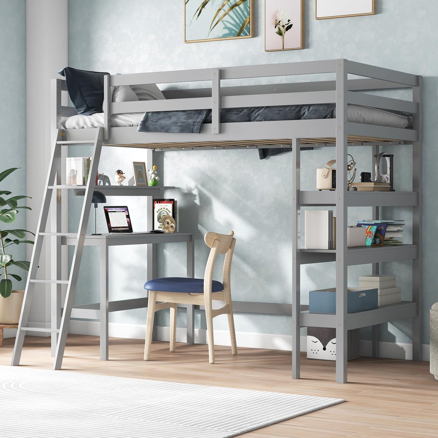 KOTEK Twin Loft Bed with Desk & Storage Shelves, Solid Wood Loft Bed Frame with Bookcase, Ladder, Guardrails, Twin Size Loft Bed for Kids, Teens, Drom, Apartment (Grey)