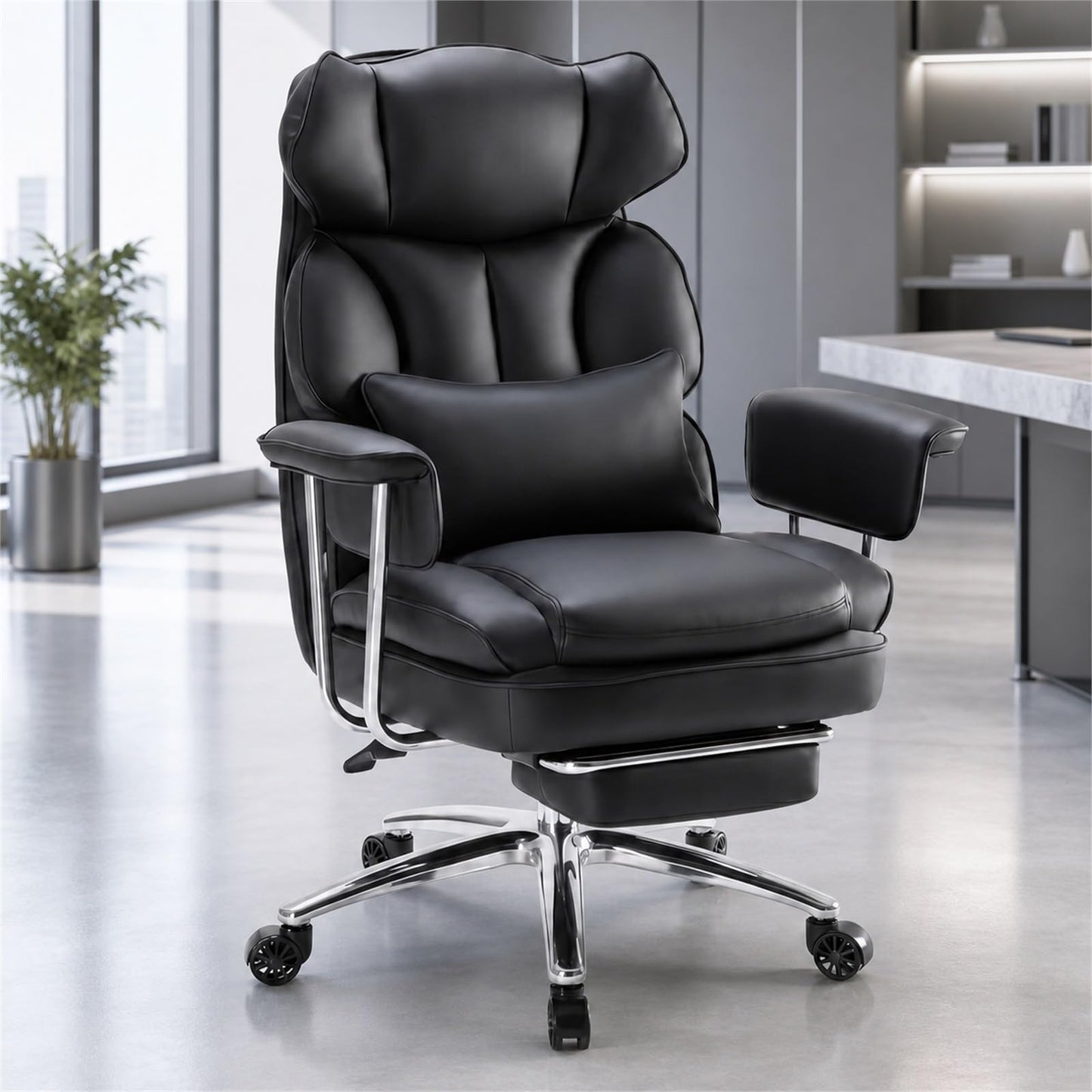 HAPPYMONT Executive Ergonomic Office Chair, PU Leather High Back Reclining Office Chair with Footrest and Lumbar Support, Height Adjustable Rolling Swivel Computer Chair for Home Office,Black