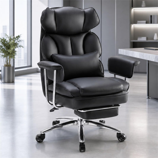 HAPPYMONT Executive Ergonomic Office Chair, PU Leather High Back Reclining Office Chair with Footrest and Lumbar Support, Height Adjustable Rolling Swivel Computer Chair for Home Office,Black