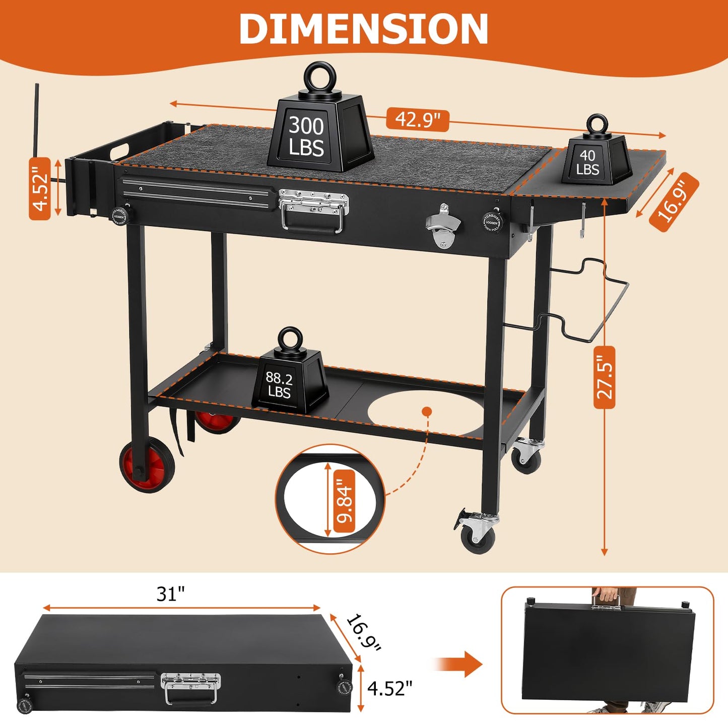 Grill Table for Blackstone Griddle - Fit 17”/22” Tabletop Grills Portable Grill Cart with Wheels for Ninja, Foldable Griddle Stand for Outdoor Camping, Backyard, Tailgating