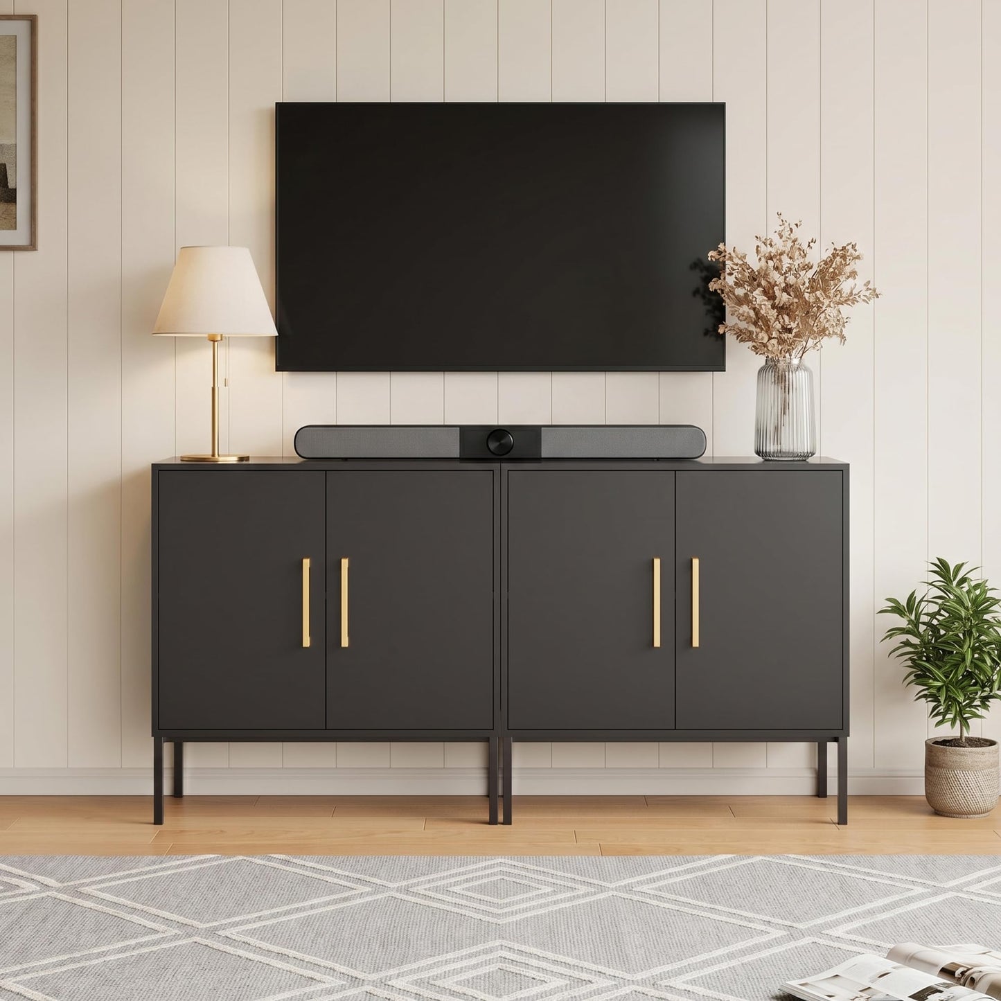 LYNSOM TV Stand for 55 Inch TV, Media Console Table with 2 Cabinets, Storage for Bedroom, Living Room, Entertainment Room (Black)