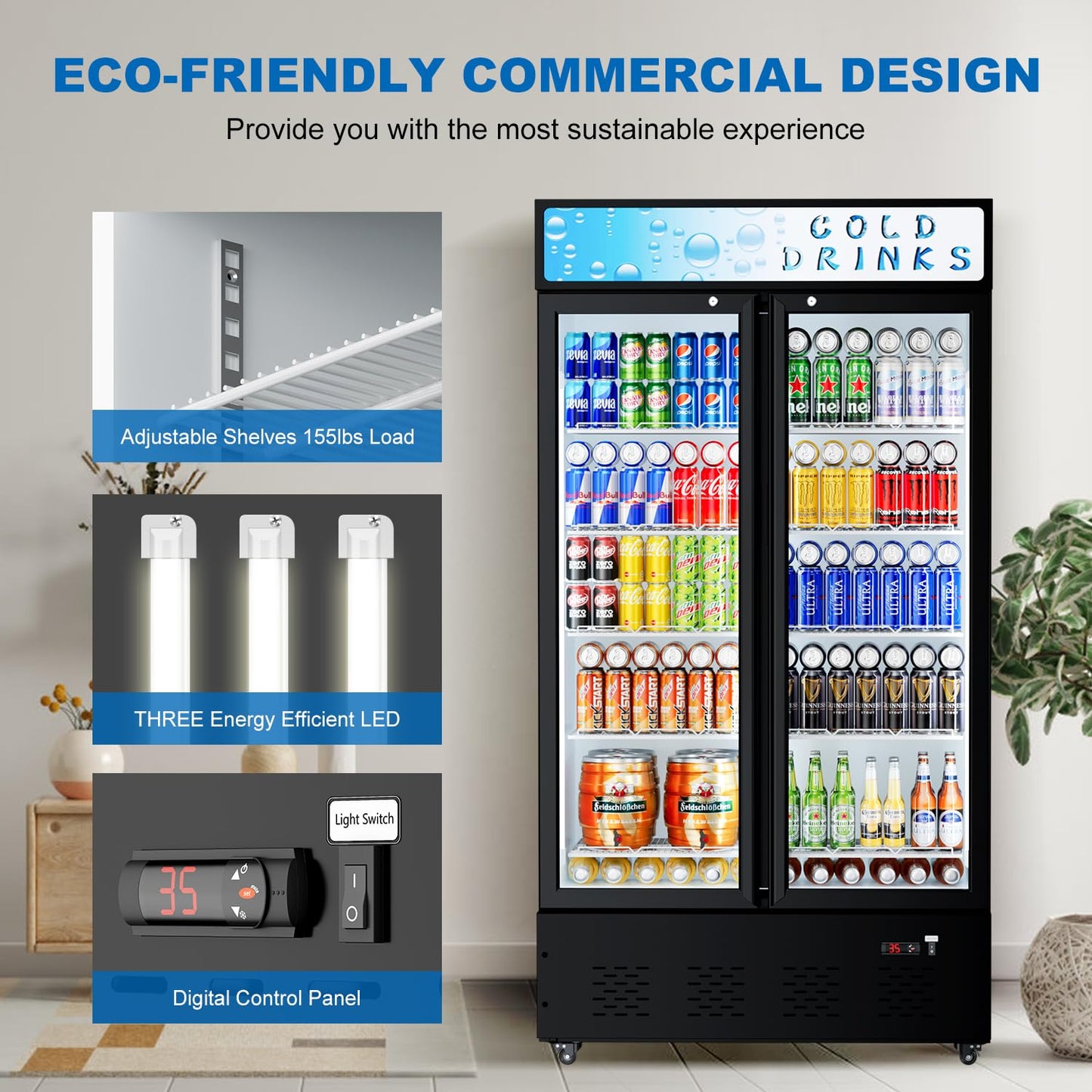 FreezLabs Commercial Display Refrigerator Glass Door 30 cu.ft Cooler Commercial Beverage Refrigerators with LED and 10 Shelves for Cafe, Restaurant, Store
