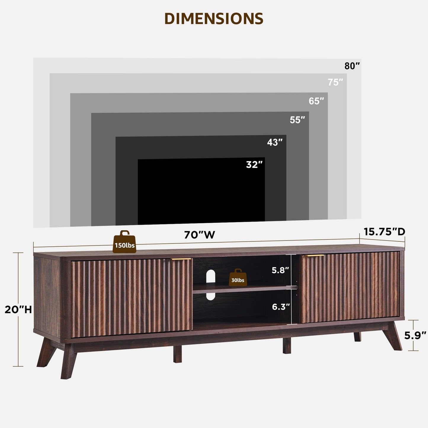 OKD 70" Mid Century Modern Fluted TV Stand, Entertainment Center, Sideboard, Media Console for Living Room with 2 Soft Close Door/Adjustable Shelves (Dark Walnut)