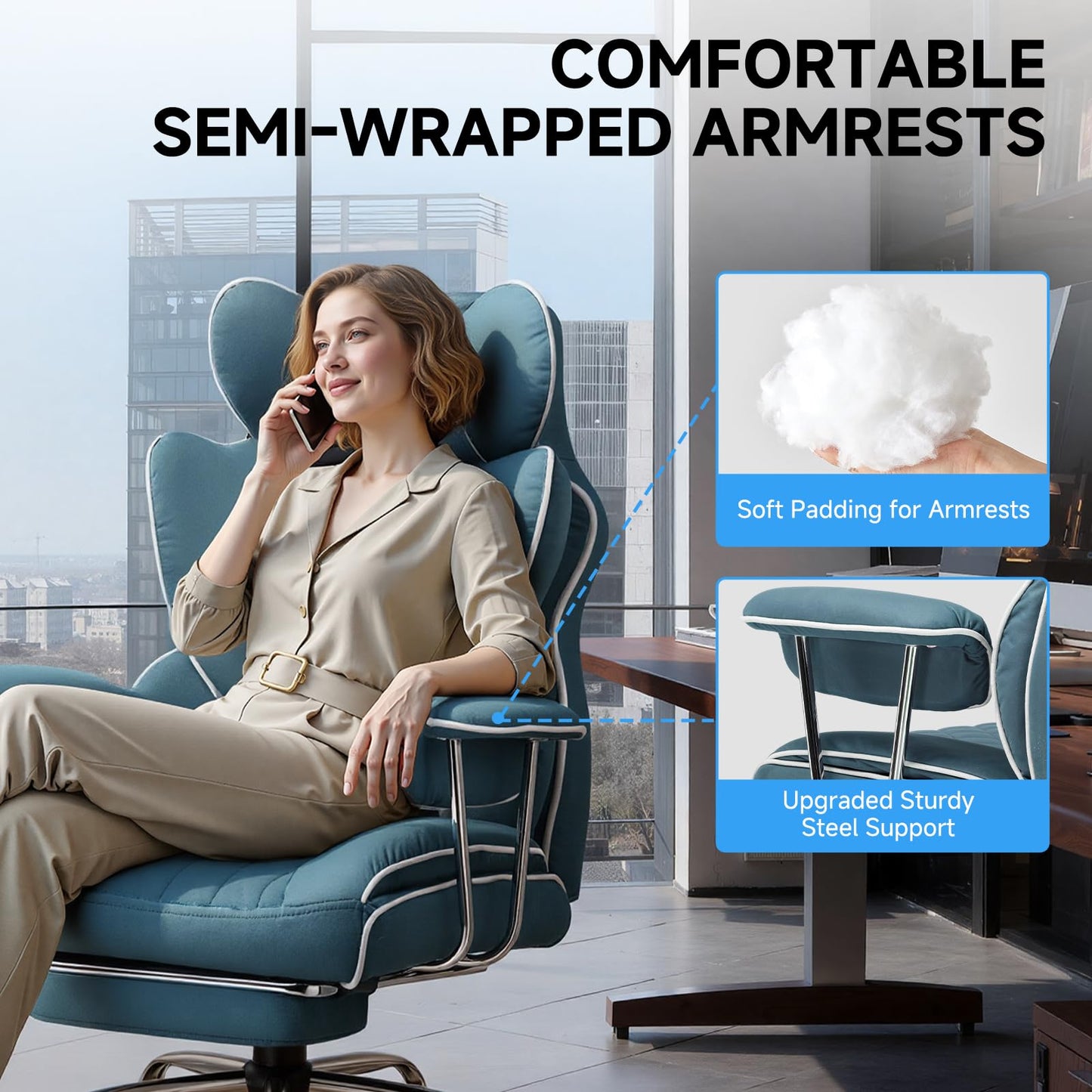 GTPLAYER Gaming Chair,Office Chair with Pocket Spring Lumbar Support, Ergonomic Comfortable Wide Office Desk Computer Chair with Outward Fixed Soft Armrests and Footrest (Fabric, Blue)