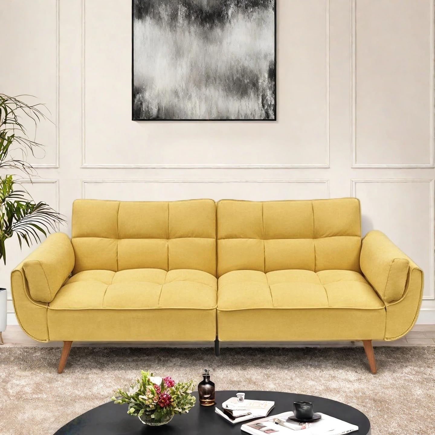 Trygoal Convertible Futon Sofa Bed, Modern Futon Couch with 2 Pillows, Small Futons Couch with Adjustable Armrest & Backrest, Loveseat Sofa Bed for Living Room, Bedroom, Yellow