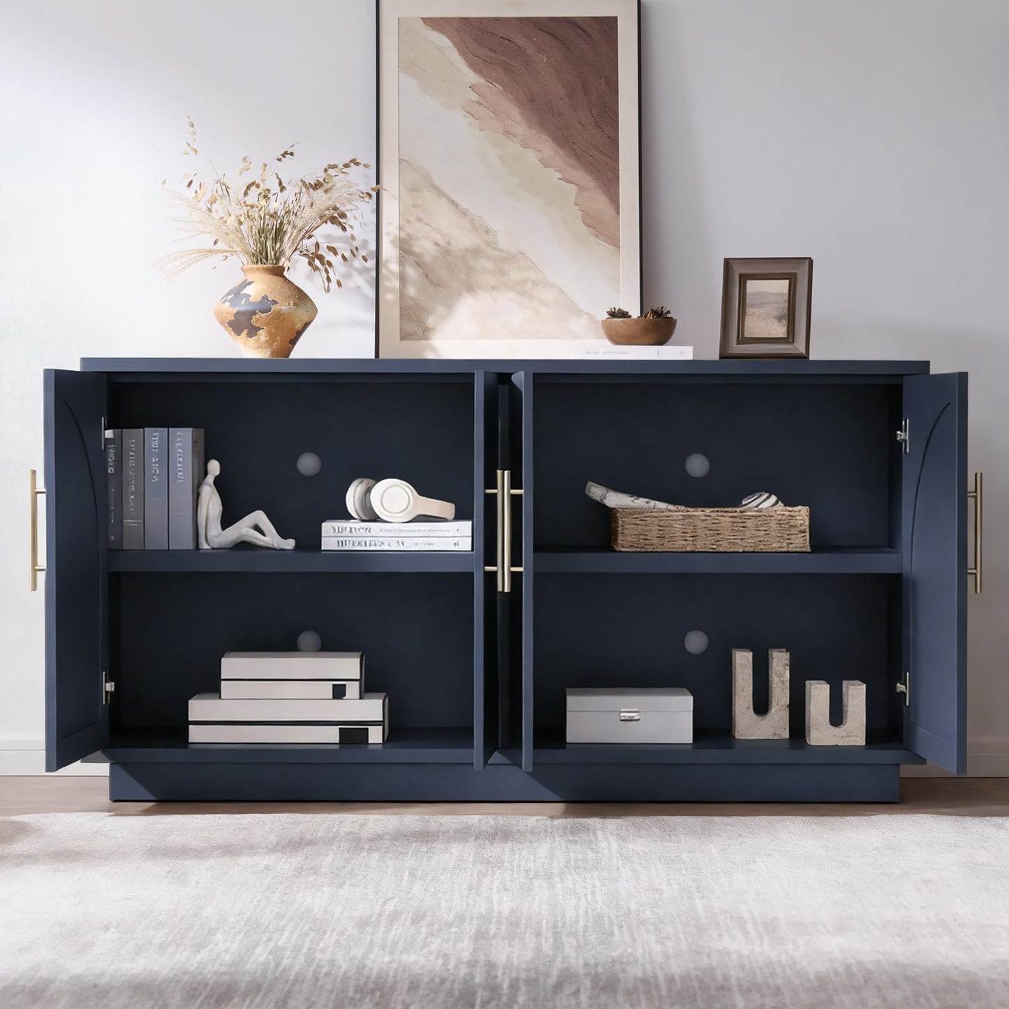 Fatmok Buffet Cabinet with Storage, 59'' Modern Arched Sideboard Cabinet w/Adjustable Shelves, Wood Media TV Console Table Credenza for Living Room Hallway Entryway, Dark Blue