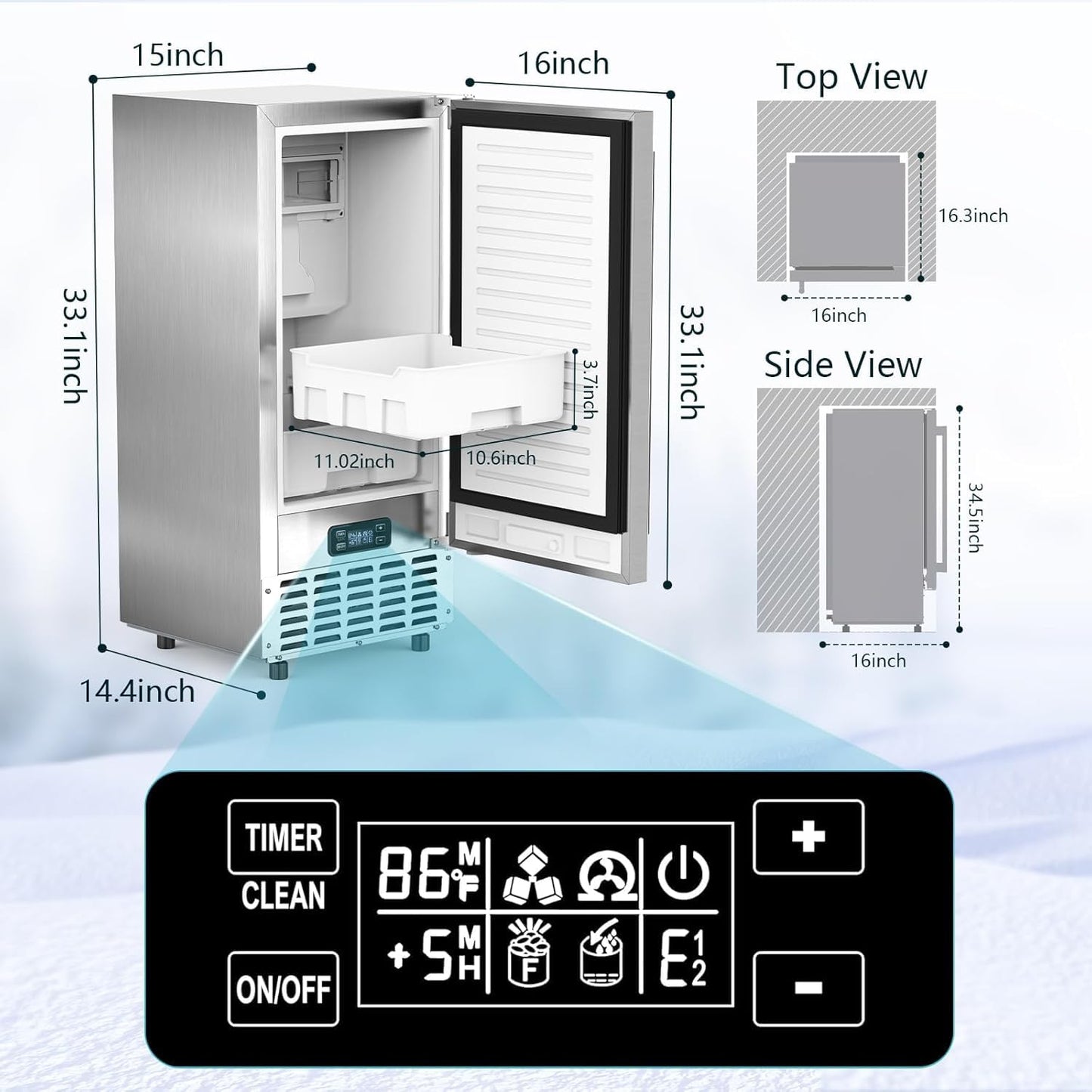 Electactic Nugget Ice Machine, Commercial Undercounter Ice Maker, 66Lbs/Day, Built-in Freestanding Stainless Steel, Self-Cleaning & 24H Timer for Business/Bar