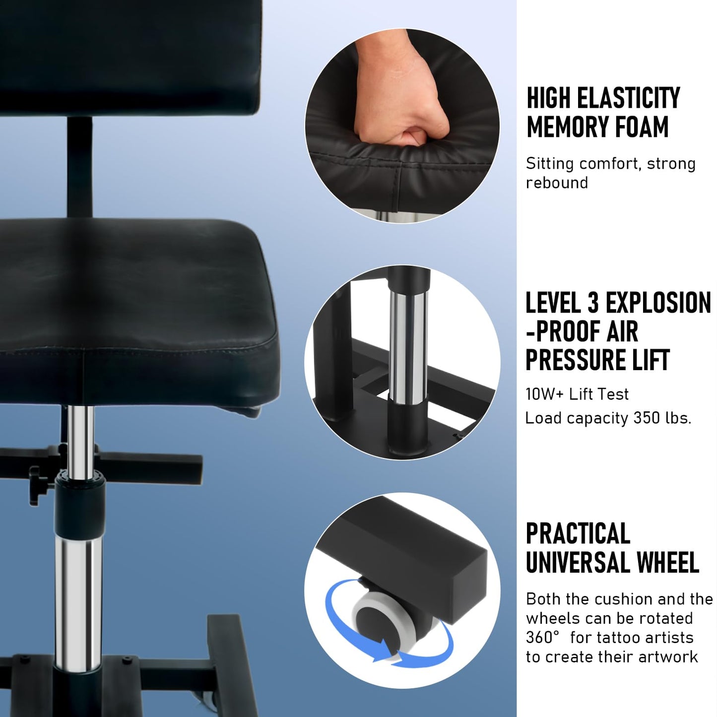 ZG Fourth Gen Hydraulic Tattoo Chair w/Level 3 Explosion-Proof Lift, 360° Rotating Memory Foam Cushion & Adjustable Backrest for Artists and Clients