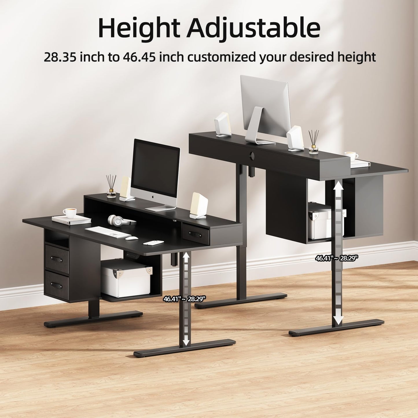 63x24 Inches Standing Desk with Drawers, Electric Computer Desk with Open Storage Shelf, Stand Up Desk, Adjustable Height 28-46 Inches for Home and Computer Workstation, Black