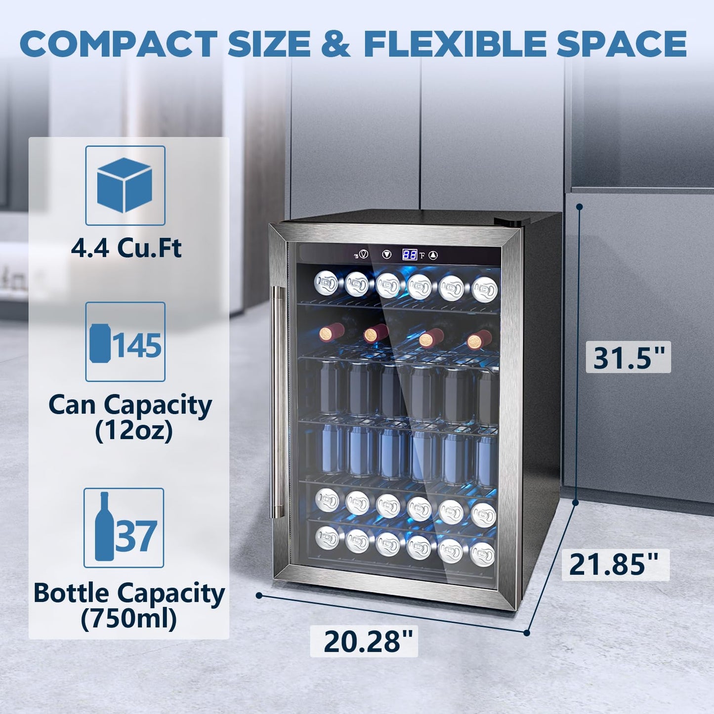 Electactic 145 Can Beverage Refrigerator, 37 Bottle Wine Fridge with Smart Temperature Control, 4.4 CU FT Quiet Freestanding Mini Fridge with Child Lock Panel for Family Restaurant Bar