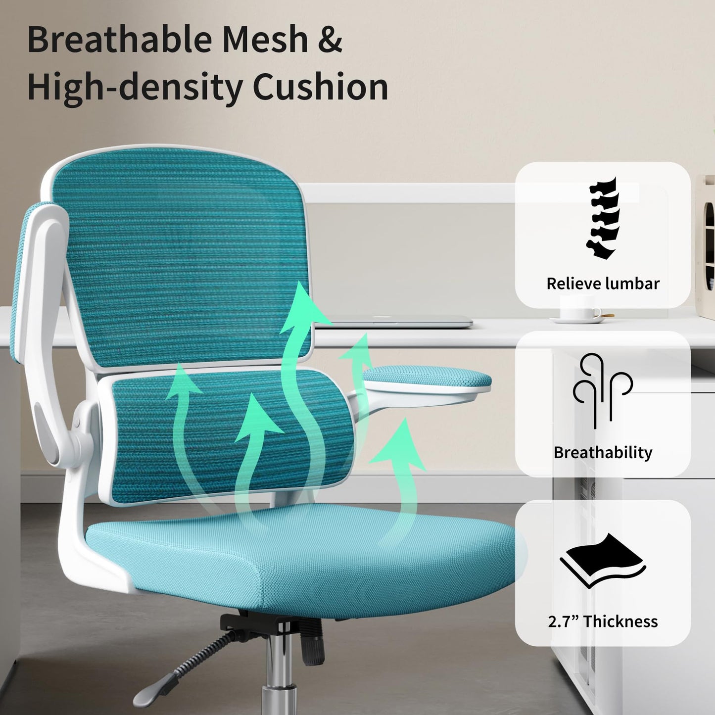 Blue Office Chair, Ergonomic Desk Chair - Thick Cushion Adjustable Height Computer Chair with Lumbar Support and Flip-up Armrests, Home Office Desk Chairs, Swivel Executive Task Chair