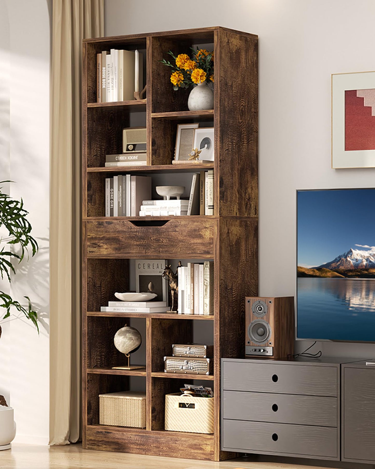 Armocity 8-Tier Tall Bookshelf with Drawer, 73.6" Narrow Freestanding Bookcase, Space-Saving Wood Display Shelves Storage for Living Room, Home Office Bedroom, Rustic Brown