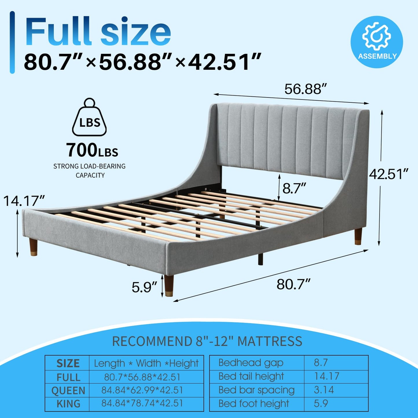 YUHUASHI Queen Size Bed Frame with Linen Fabric Twin Wingback Headboard, Upholstered Platform Bed with Wooden Slat Support, Noiseless, No Box Spring Required (Light Blue, Full)