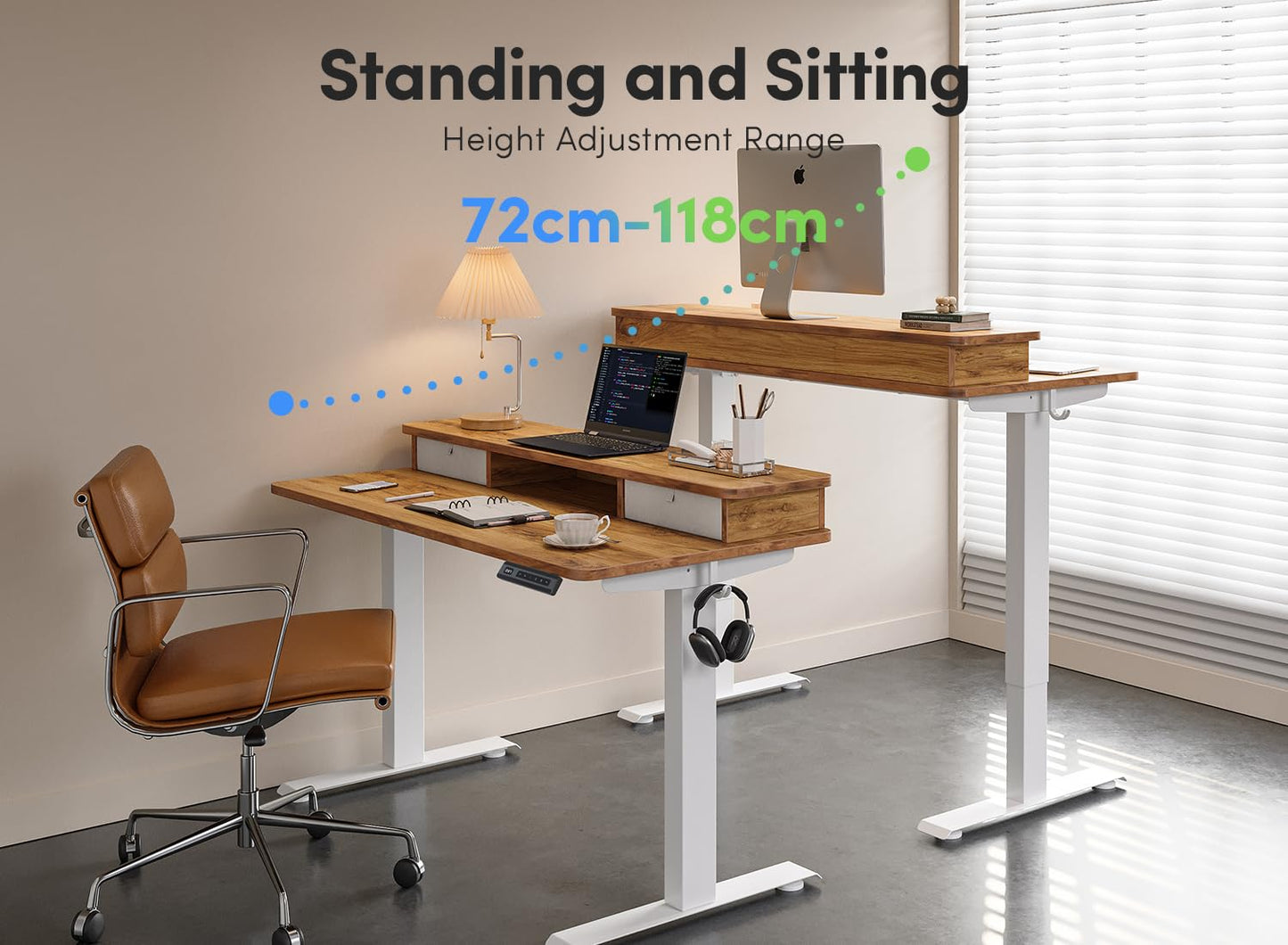 FEZIBO 40 x 24 Inch Height Adjustable Electric Standing Desk with Double Drawer, Stand Up Desk with Storage Shelf, Sit Stand Desk, Light Rustic