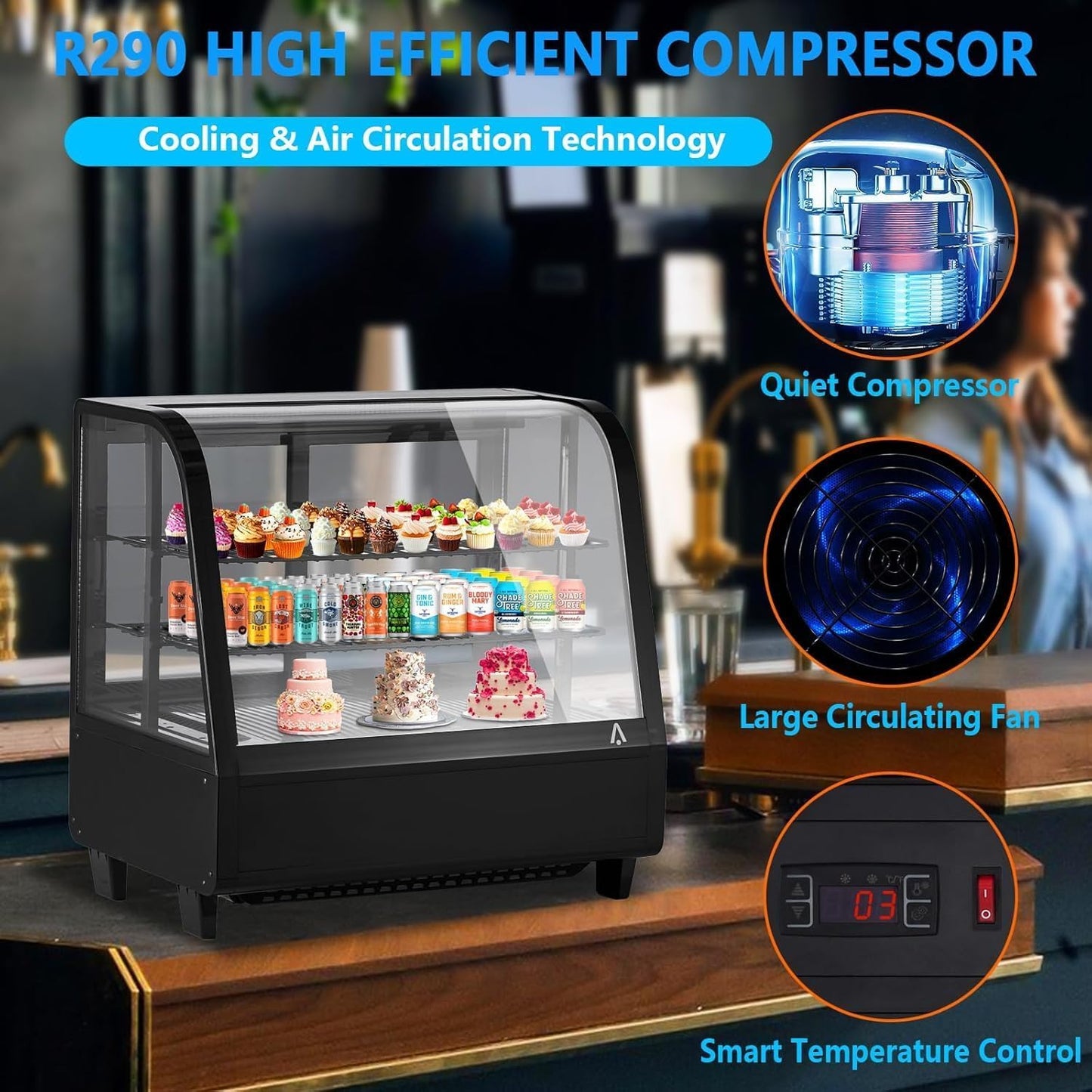 ActiveTrail 3.5 Cu.FtCommercial Display Refrigerator, Glass Door Merchandiser Cooler with Adjustable Shelves, LED Lighting, Sliding Rear Door, Temperature Control for Bakery, Cafe, Restaurant, Store