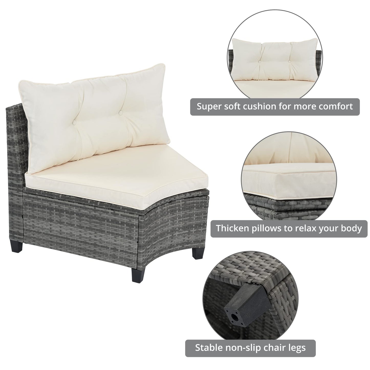 Merax 8-Pieces Outdoor Wicker Round Sectional Curved Sofa Set with Rectangular Coffee Table, PE Rattan Water-Resistant and UV Protected, Movable Cushion, Half-Moon Style, Beige