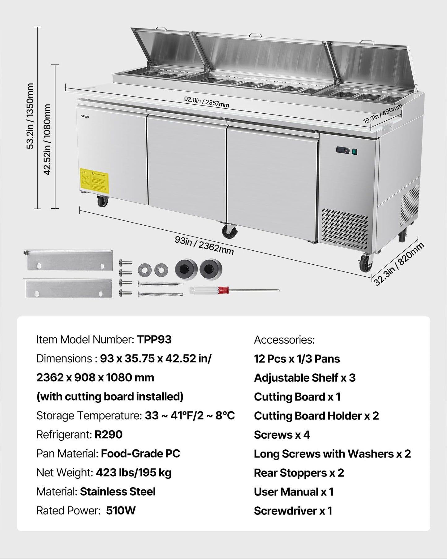 VEVOR 93"W Commercial Refrigerator, Pizza Prep Refrigerated Table, 19.3" Ultra Wide Countertop Food Prep Cooler, 30.8 Cu.Ft Single Door Salad Prep Fridge, 12 Pans Pizza Make Worktop with Cutting Board