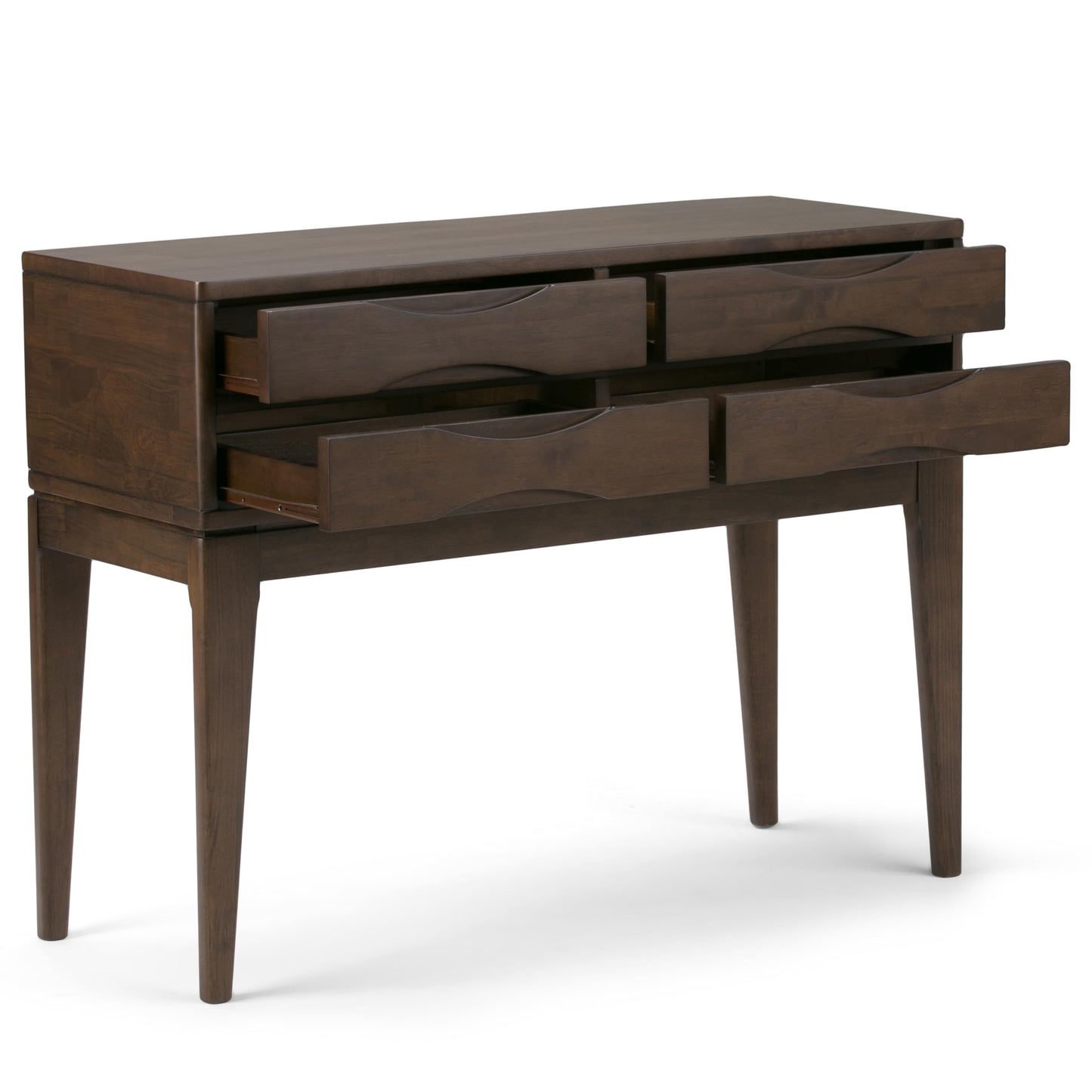 SIMPLIHOME Harper Console Table - 40 Inch Wide Solid Hardwood Sofa Table in Walnut Brown, Mid-Century Modern Storage Table for Entryway or Living Room with 4 Drawers, Notched Handles, and Tapered Legs