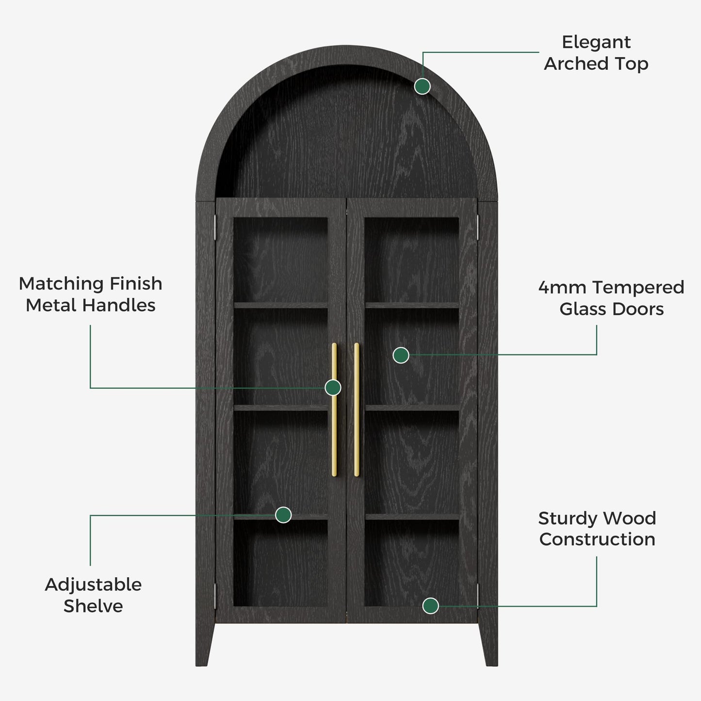 Trygoal Arched Display Cabinet with Tempered Glass Doors Heavy Duty 5 Tier Curio Cabinet with Adjustable Shelves Modern Arched Bookshelf Free Standing Bookcase Pantry for Living Room Kitchen Black
