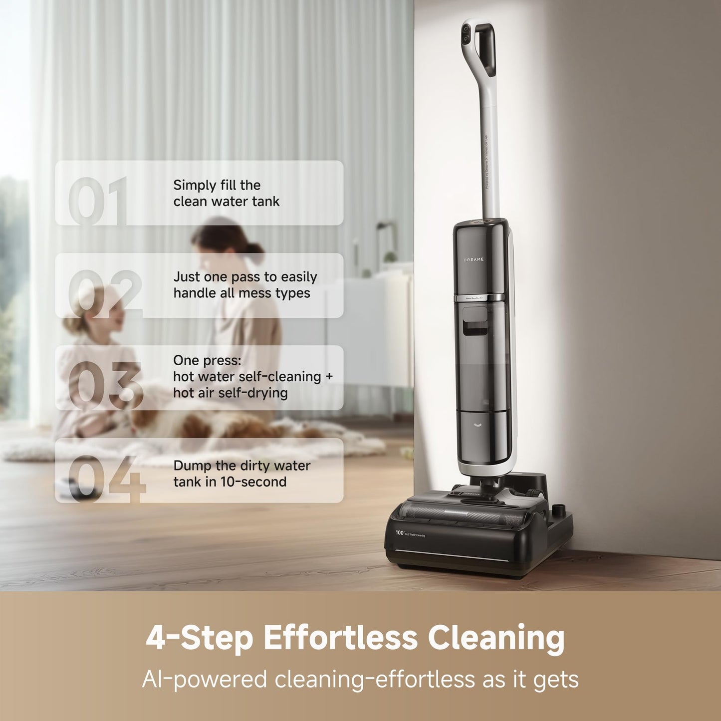 DREAME H15 Pro Heat Wet Dry Vacuum and Mop, 185°F Hot Water Floor Cleaning, 0 Hair Tangle, Cordless Floor Cleaner with AI Robotic Arm, 22KPa Suction, 180° Lie-Flat, Hot Self Cleaning, Edge to Edge