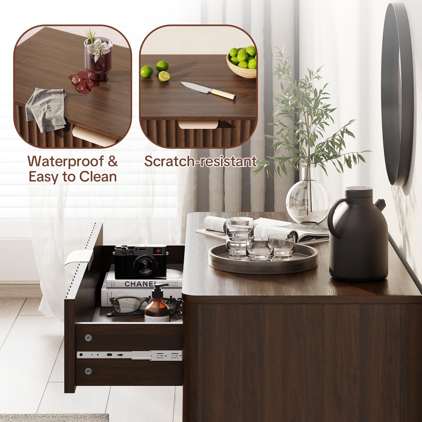 CozyMine Fluted Buffet Cabinet Accent with Doors & Drawer 31" Walnut