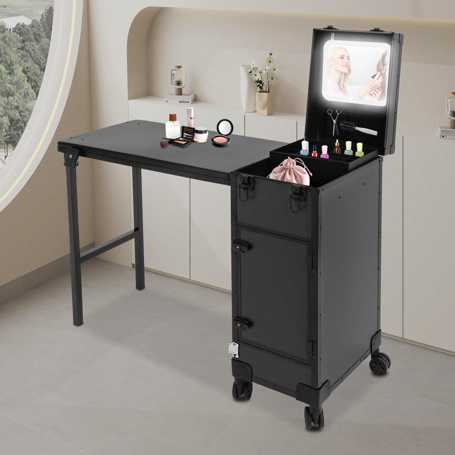 YIYIBYUS Portable Rolling Manicure Table for Nail Teach w/Mirror, Professional Makeup Storage Manicure Dressing Table with Wheels 3 Drawers, Cosmetology Travel Case Workstation Artist
