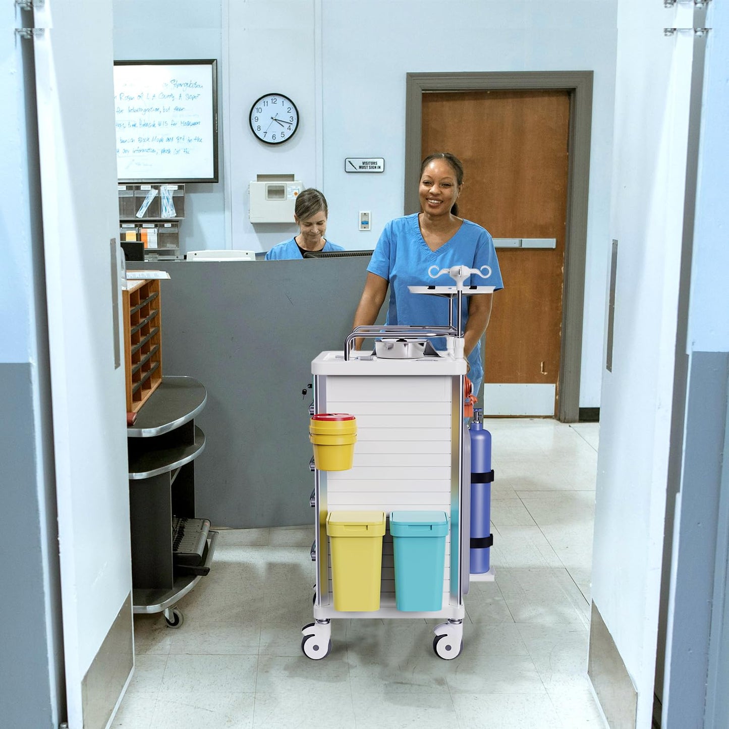 OLERN Rolling Crash Cart Medical with Drawers - Adjustable IV Pole, Silent Casters, Needle Disposal Holder, Trash Bin, O2 Holder, Utility Trolley Cart for Clinic, Hospital, Salon, Lab