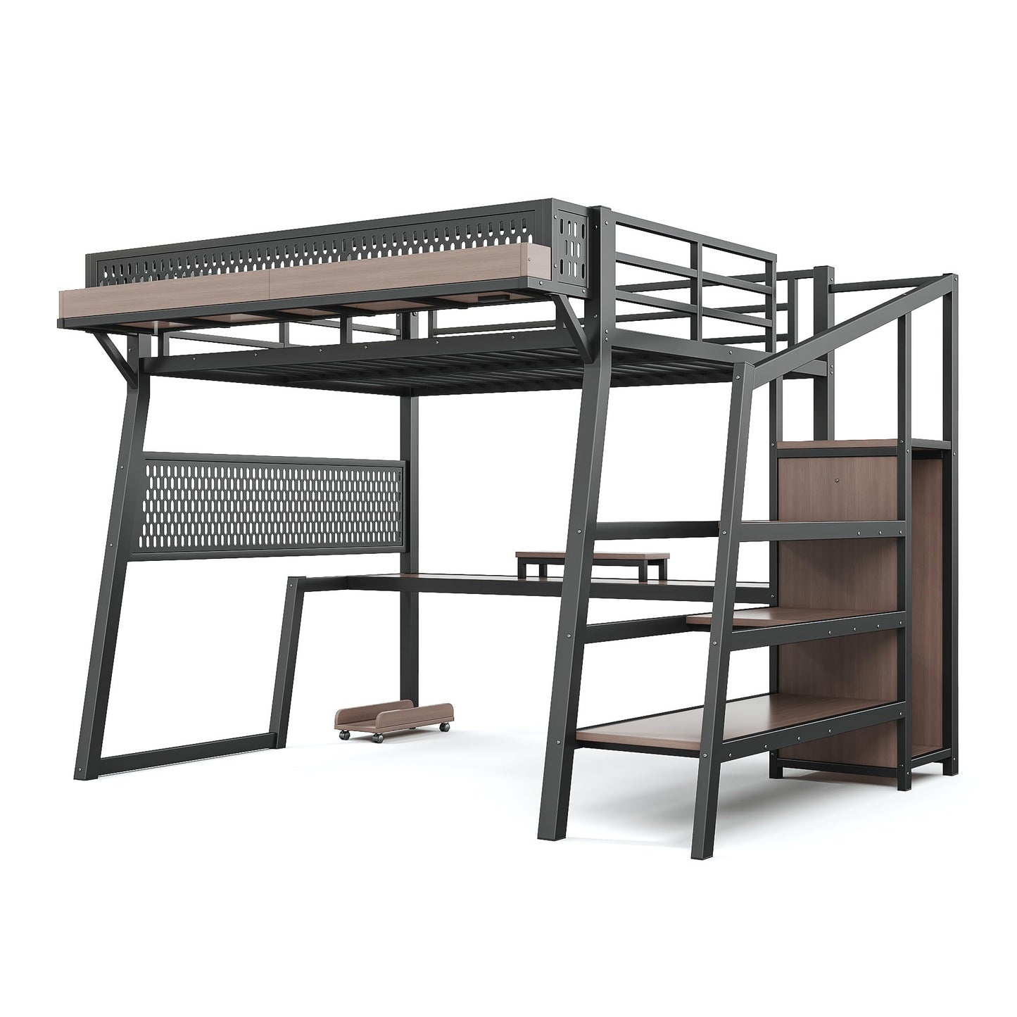 KEIKI Full Loft Bed with Storage Stairs, Metal Shelves Gaming Loft Bed Frame with USB Ports, LED Lights, Pegboard, Built-in Wardrobe, Noise-Reduced Design, Black
