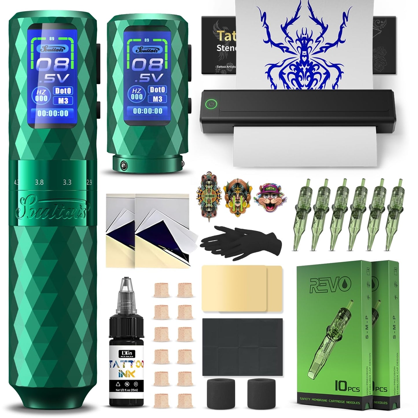 INKin Tattoo Printer Kit - Tattoo Gun with 6 Adjustable Strokes 2.5-4.8mm and 2Pcs 1600mAh Batteries, Portable Tattoo Kit with Revo Tattoo Needles
