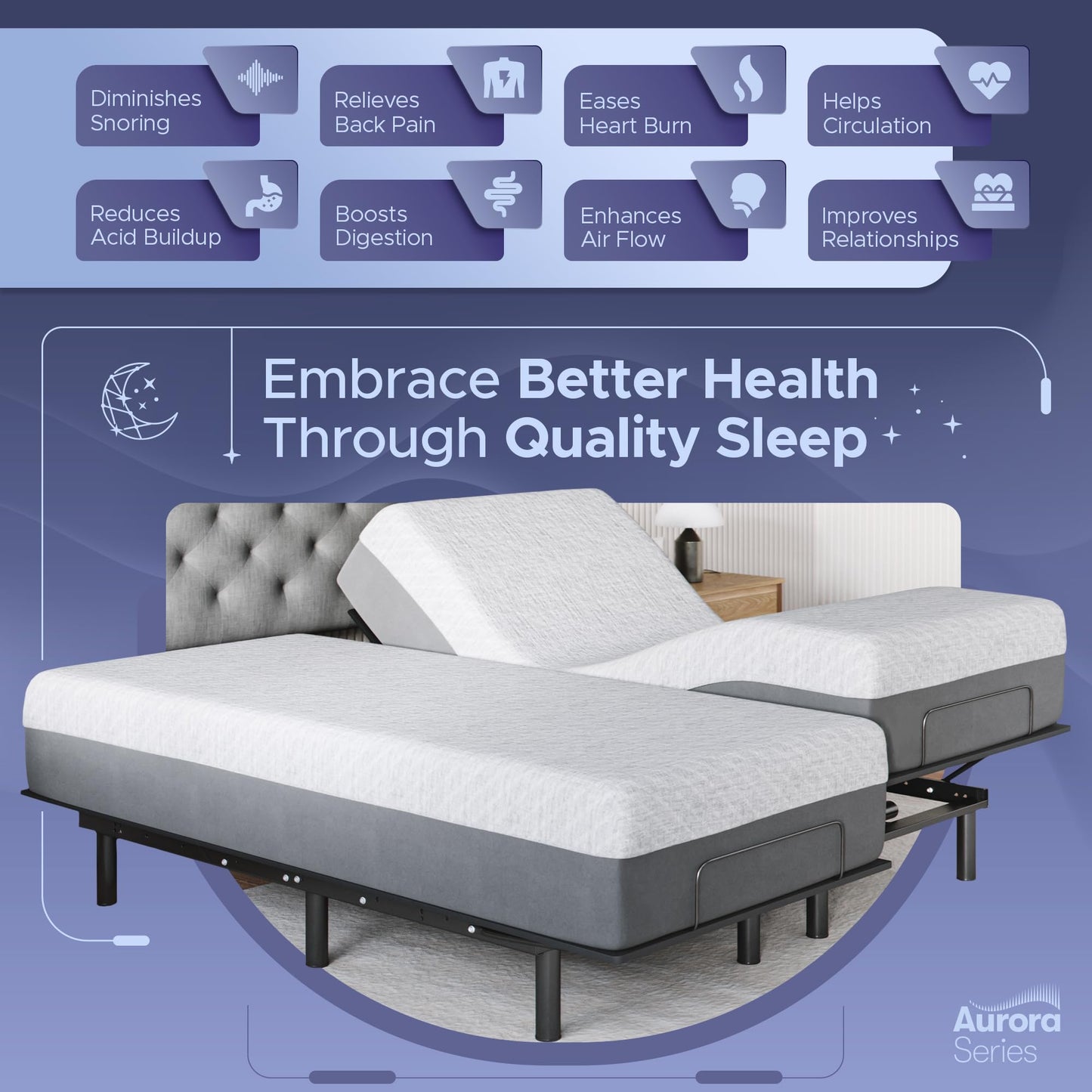 Celestial Aurora Adjustable Bed Base (Frame) + 12 inch Gel Memory Foam Mattress (Medium Soft), Easy Assembly, Head and Foot Lift, Zero Gravity, Memory Positions, CertiPUR-US Bed - Split King