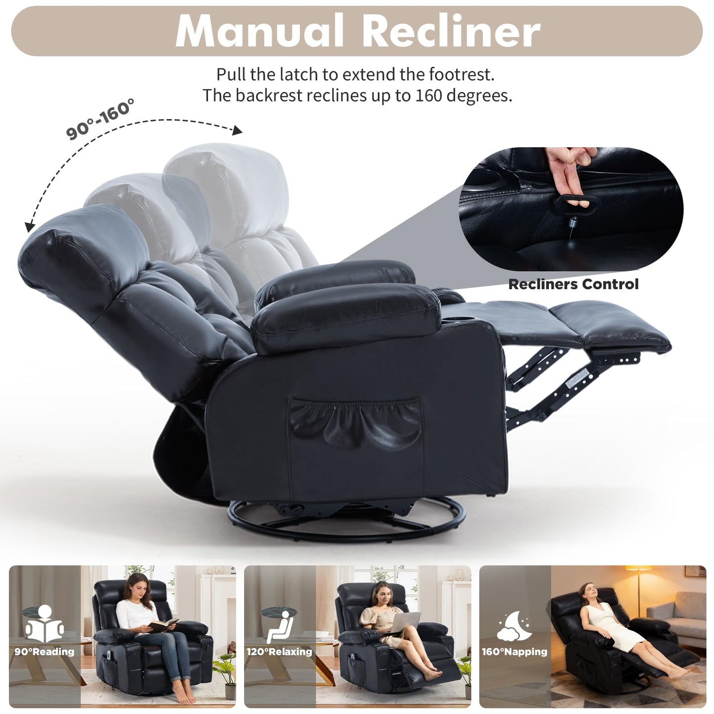 Comermax Rocker Recliner Chair with Heat and Massage, Wide Seat Heated Massaging Reclining Chair, Faux Leather Manual Swivel Rocking Recliners with Cup Holder, Black