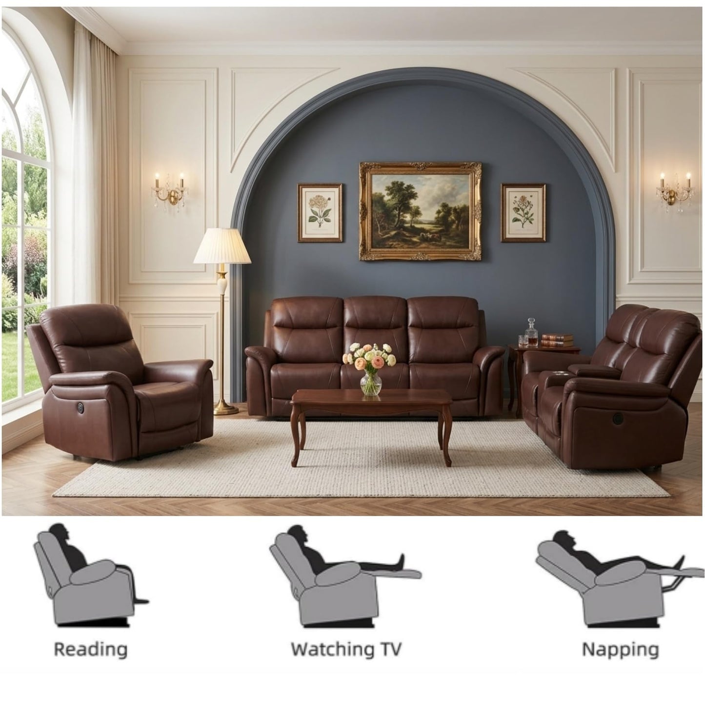 Trygoal Modern Power Recliner Sofa Set of 3, Air Leather Living Room Set with Wireless Charger, Home Theater Seating with Hidden Storage & Cup Holders, Retro Vintage Furniture, Reddish Brown