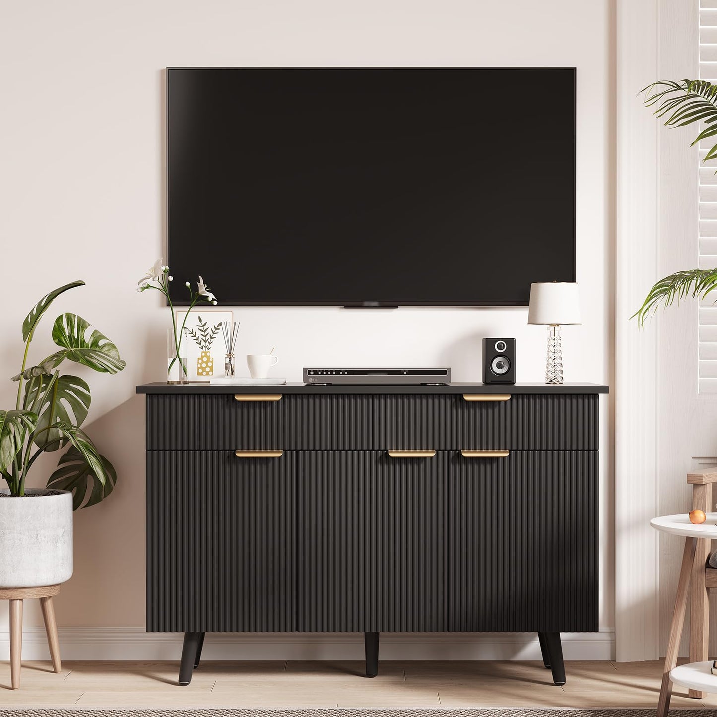 IDEALHOUSE 47" Buffet Sideboard with Storage and Adjustable Shelves, Modern Fluted Kitchen Storage Cabinet, 2 Drawers, 3 Doors, Wood Coffee Bar Cabinet Buffet Table for Kitchen, Dining Room- Black