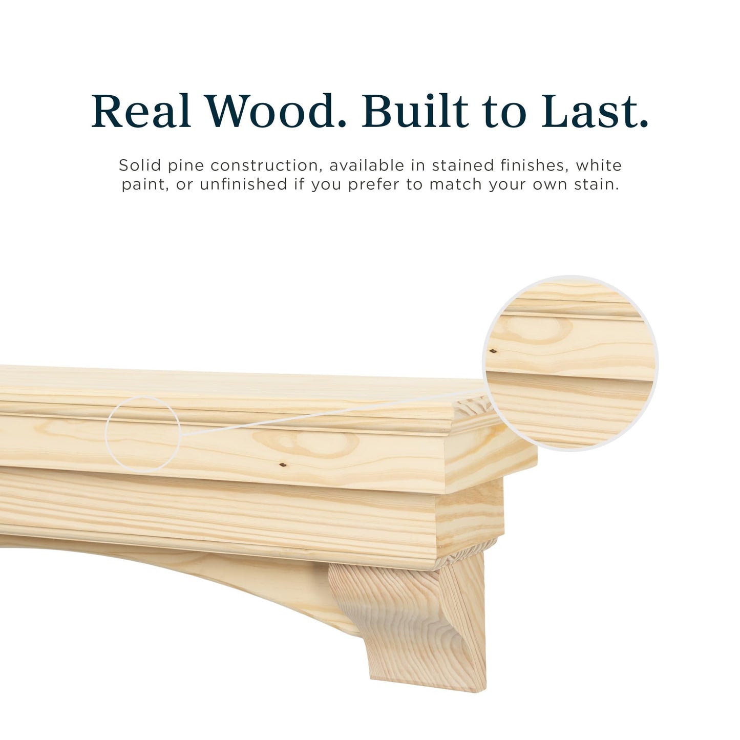 MANTELSDIRECT Salem Wood Mantel Shelf with Arched Corbels - Unfinished 60 Inch | Wooden Rustic Wall Mounted Shelf from Pine Wood - Perfect for Fireplaces, TVs & Décor