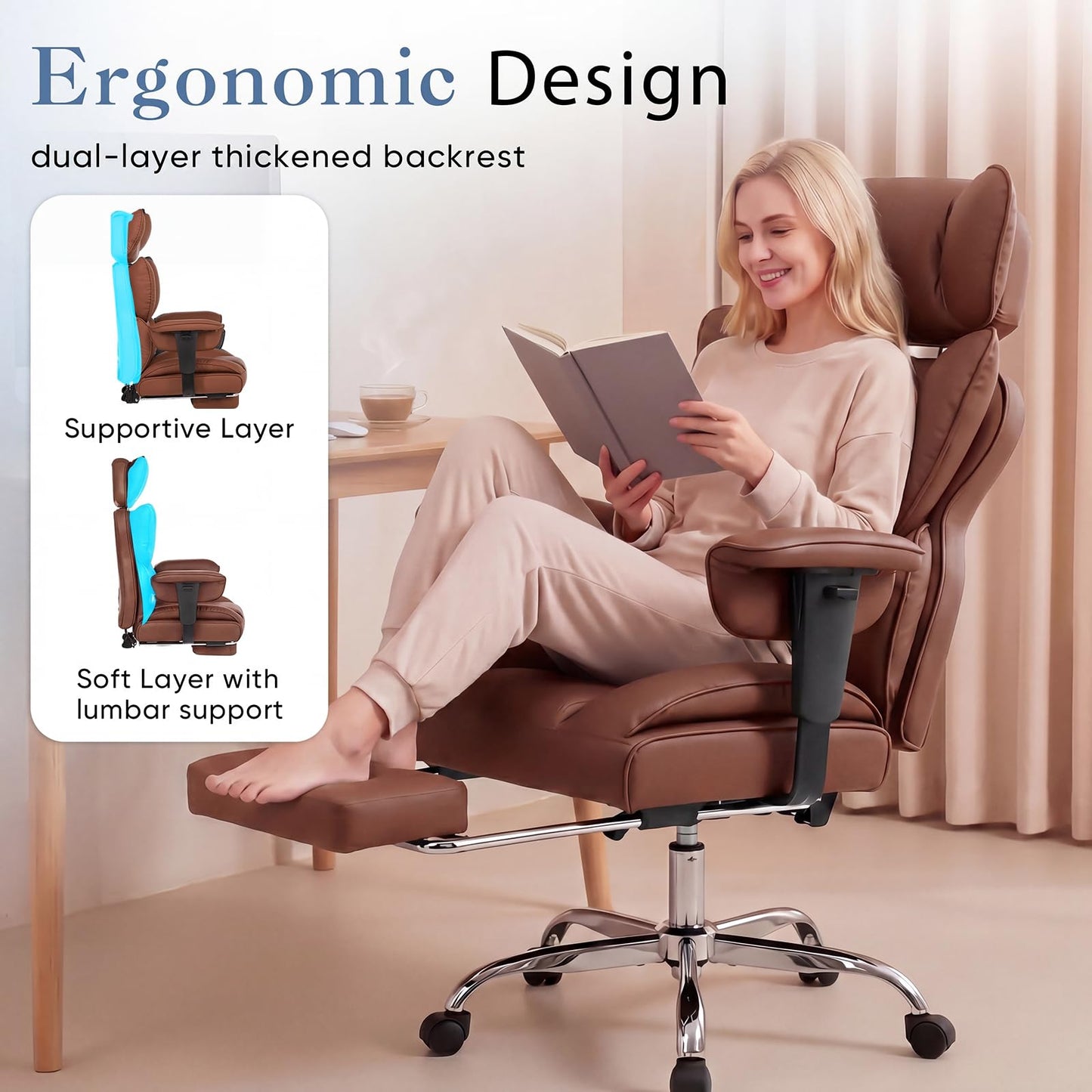 DUMOS Big and Tall Home Office Desk Chair, Gaming Computer Chair, Executive Ergonomic Chair with Footrest, High Back Reclining, Adjustable Armrests and Comfy Lumbar Support, PU Leather, Brown