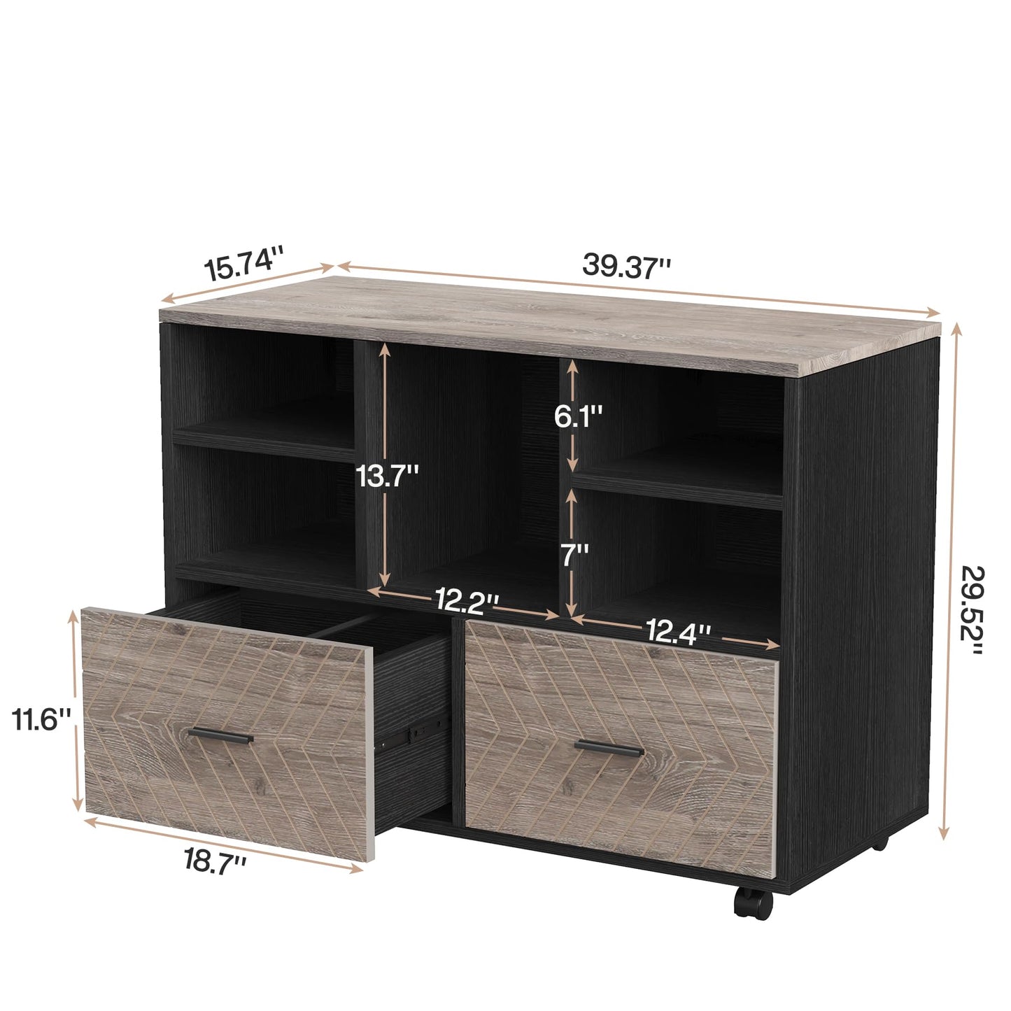 Tribesigns 2-Drawer Wood File Cabinet, Mobile Lateral Filing Cabinet for Hanging Letter Size Files, Printer Stand with Open Storage Shelves for Home Office (Gray & Black)